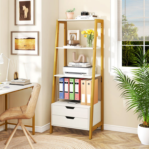 4-Tier Ladder Shelf with 2 Drawers 52.5 Inch Tall Freestanding Bookcase, White