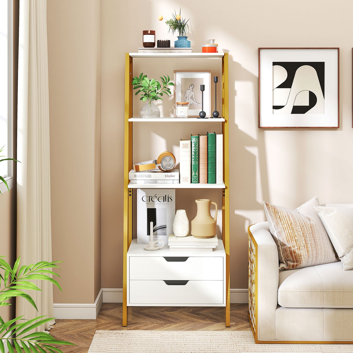 4-Tier Ladder Shelf with 2 Drawers 52.5 Inch Tall Freestanding Bookcase, White Bookcases at Gallery Canada