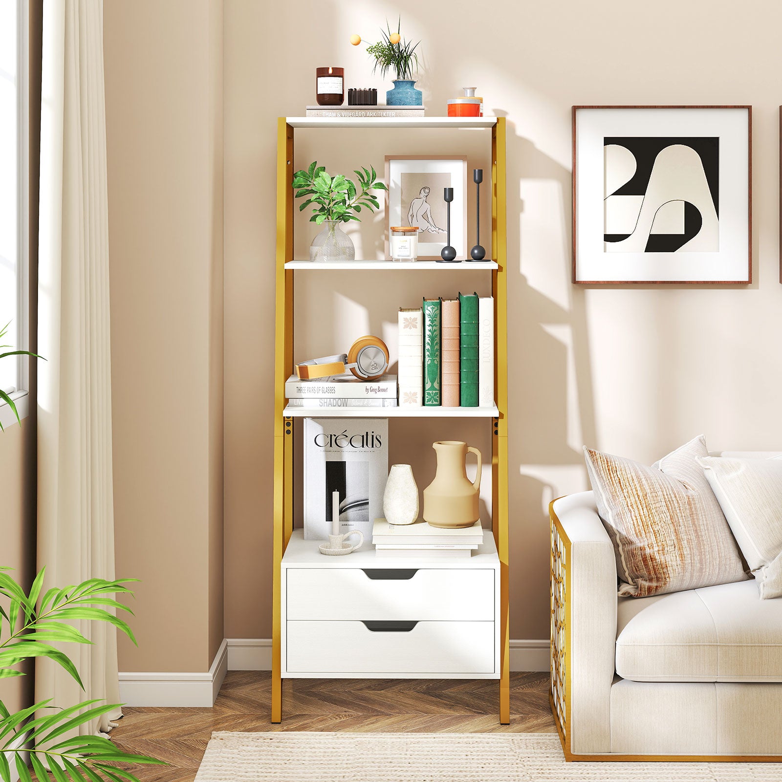 4-Tier Ladder Shelf with 2 Drawers 52.5 Inch Tall Freestanding Bookcase, White Bookcases at Gallery Canada