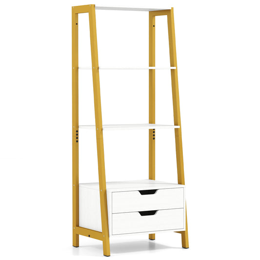 4-Tier Ladder Shelf With 2 Drawers, 52.5 Inch Tall, White
