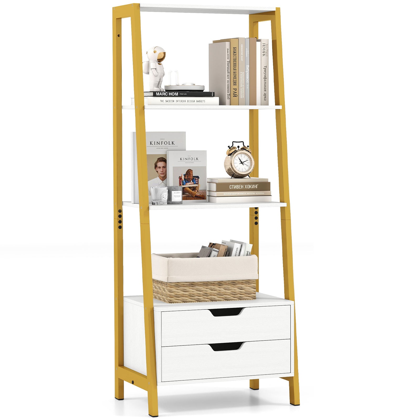4-Tier Ladder Shelf with 2 Drawers 52.5 Inch Tall Freestanding Bookcase, White Bookcases at Gallery Canada