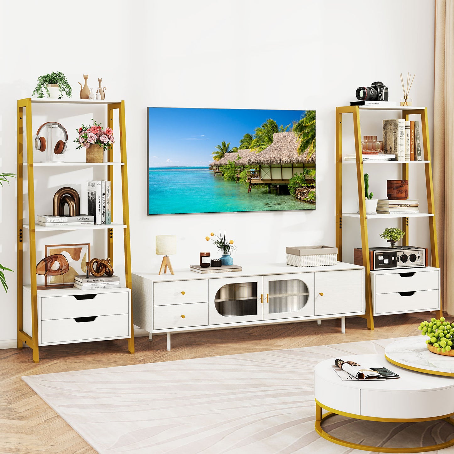 4-Tier Ladder Shelf with 2 Drawers 52.5 Inch Tall Freestanding Bookcase, White Bookcases at Gallery Canada