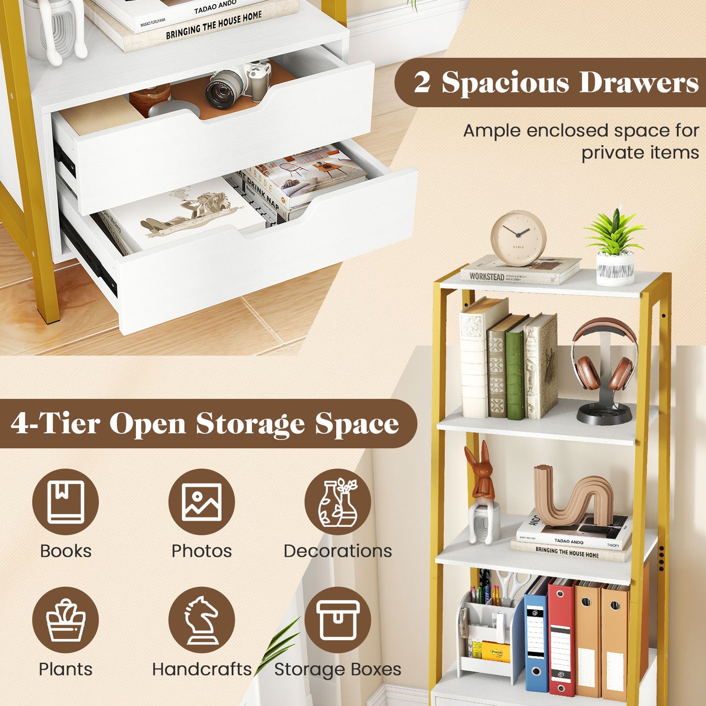 4-Tier Ladder Shelf with 2 Drawers 52.5 Inch Tall Freestanding Bookcase, White Bookcases at Gallery Canada