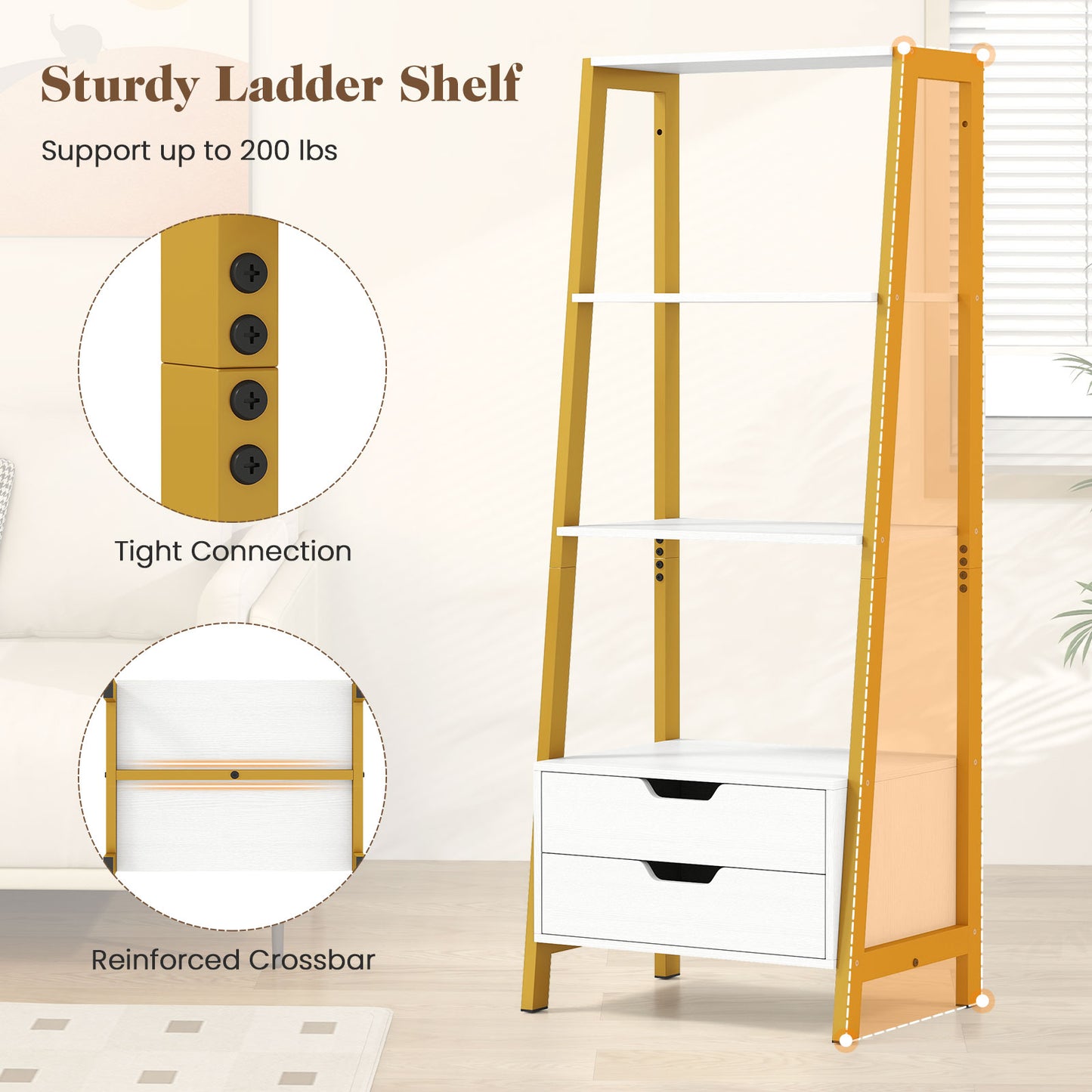4-Tier Ladder Shelf with 2 Drawers 52.5 Inch Tall Freestanding Bookcase, White Bookcases at Gallery Canada