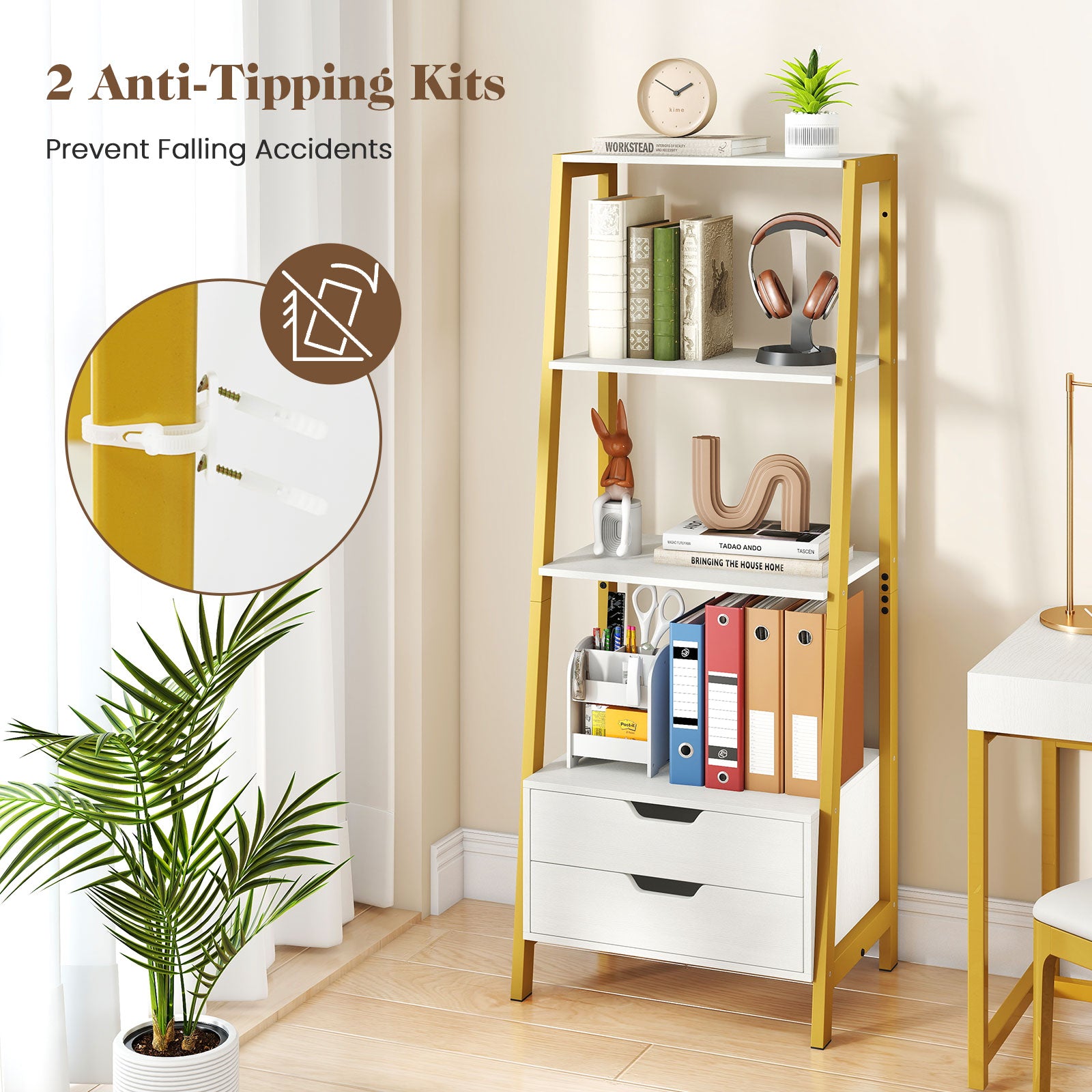 4-Tier Ladder Shelf with 2 Drawers 52.5 Inch Tall Freestanding Bookcase, White Bookcases at Gallery Canada