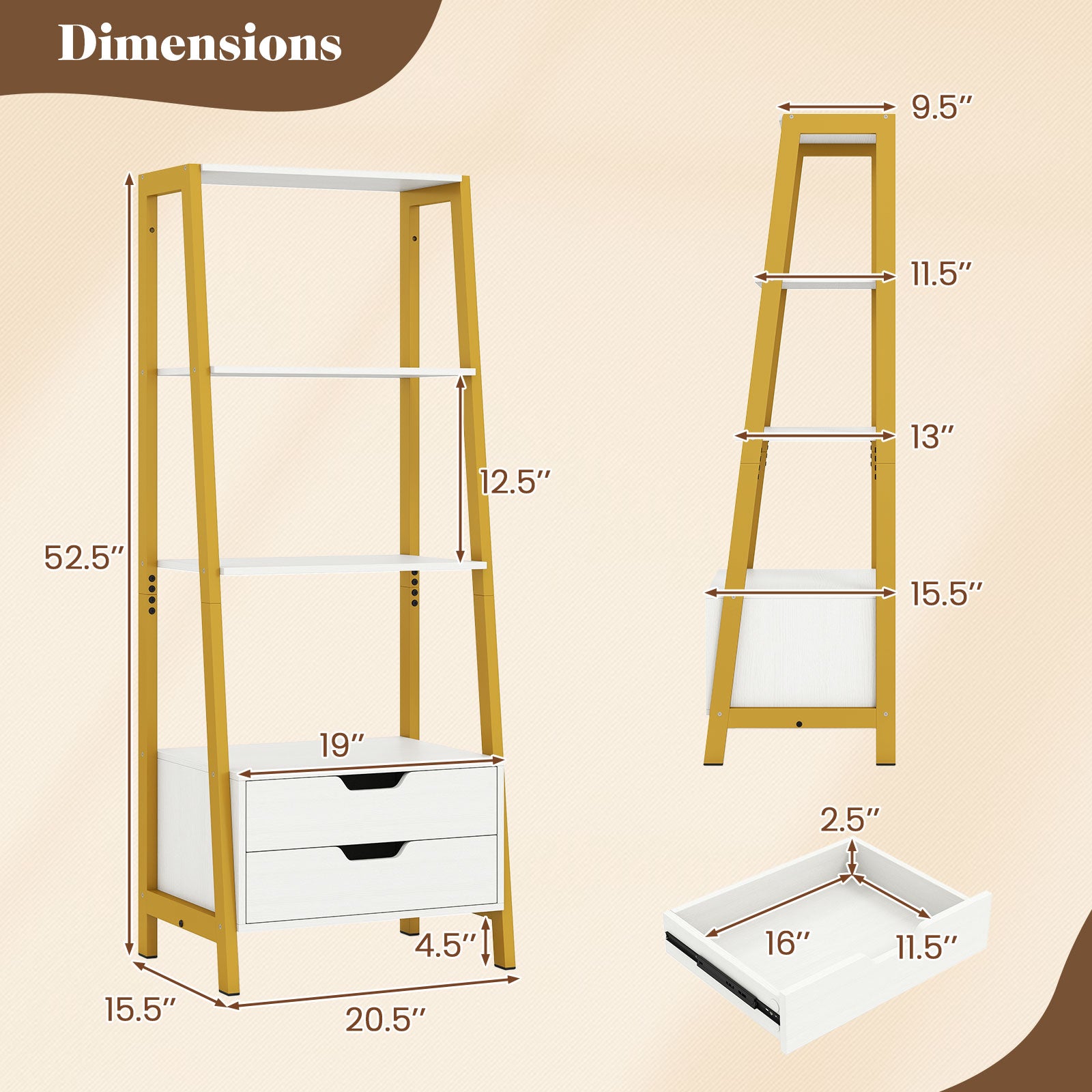 4-Tier Ladder Shelf with 2 Drawers 52.5 Inch Tall Freestanding Bookcase, White Bookcases at Gallery Canada