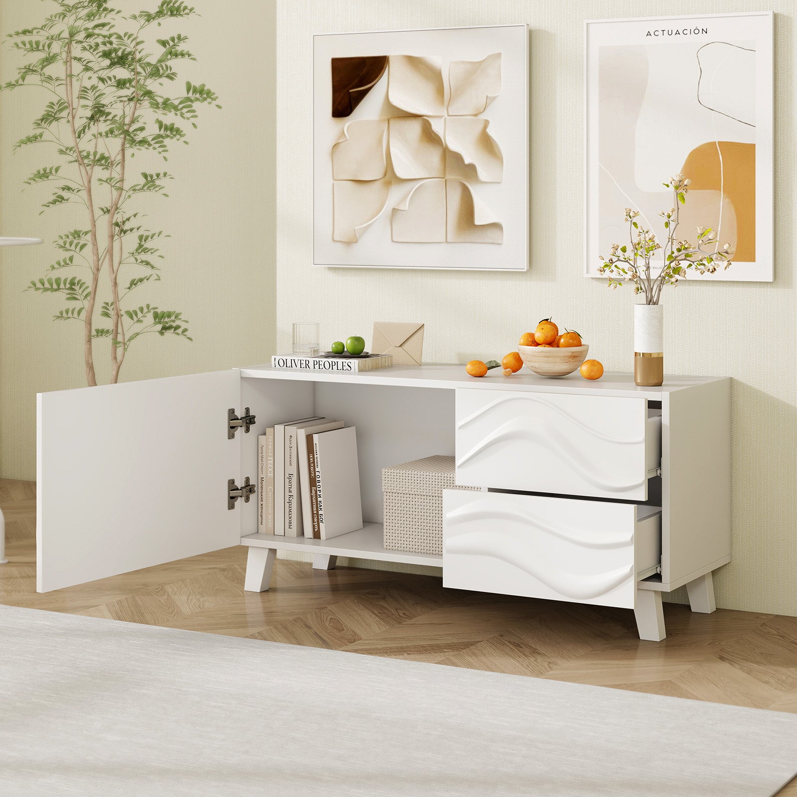 Modern Mid Century TV Stand with Drawers for 44 Inch TV, White Entertainment Centers & TV Stands at Gallery Canada