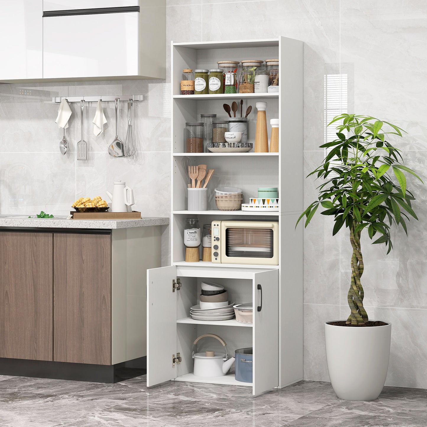 70 Inch Bookcase 6-Tier with Adjustable Shelves and 2-Door Cabinet, White Bookcases at Gallery Canada