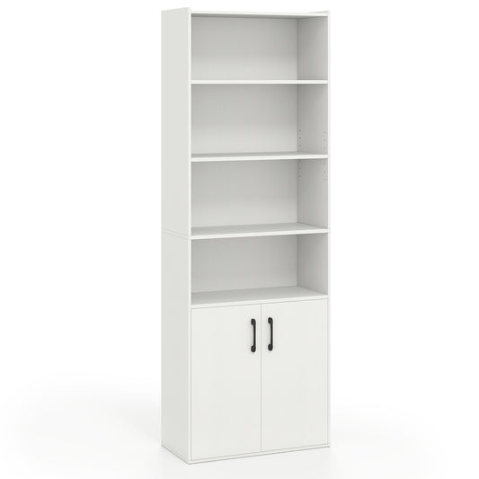 70 Inch Bookcase, 6-Tier Adjustable Shelves, 2-Door Cabinet, White