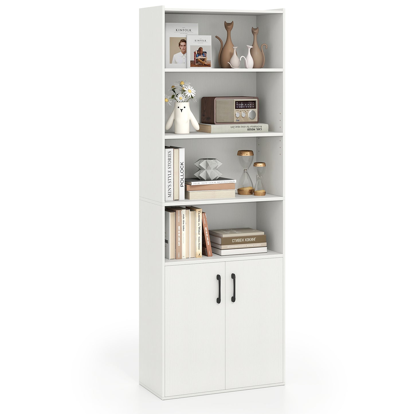 70 Inch Bookcase 6-Tier with Adjustable Shelves and 2-Door Cabinet, White Bookcases at Gallery Canada