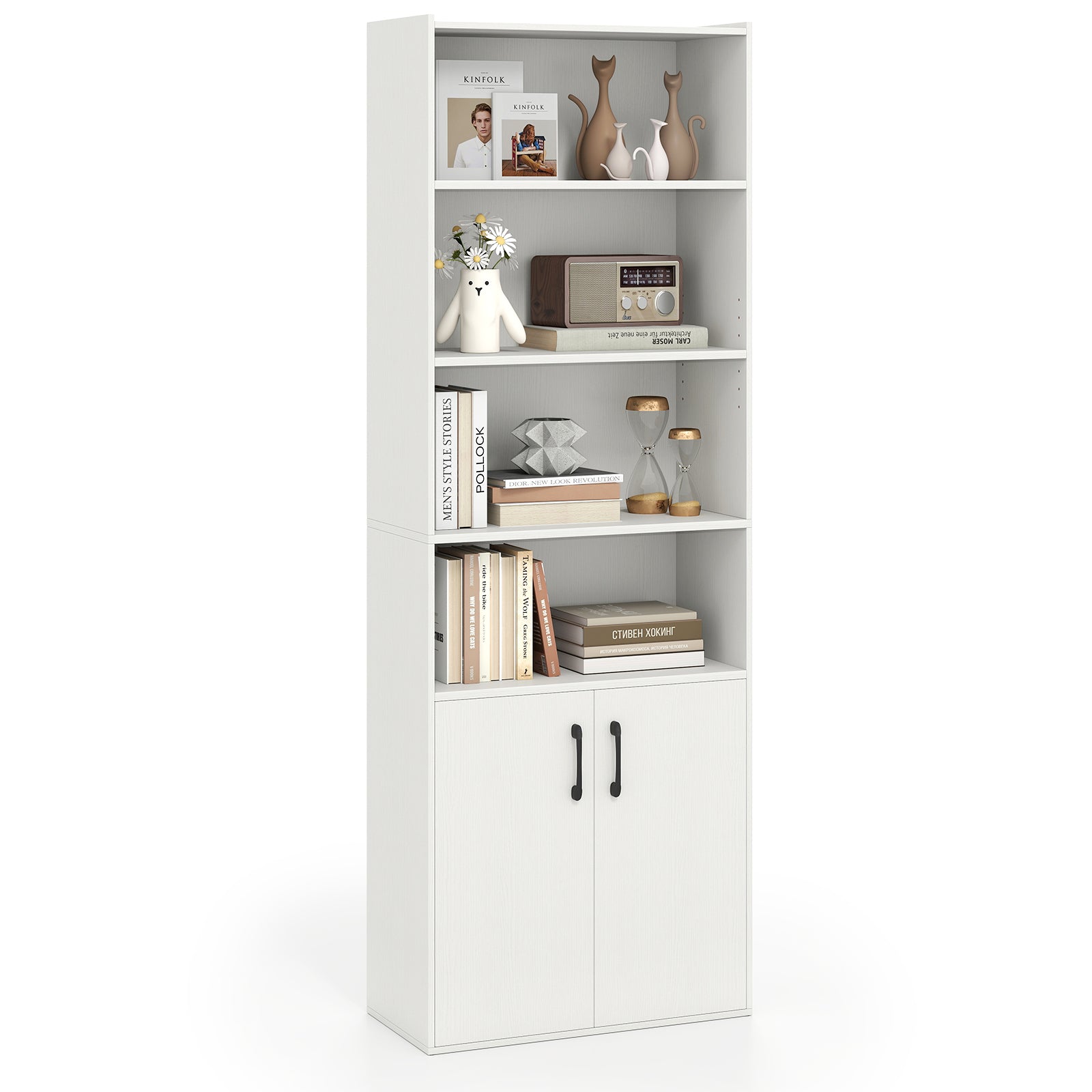 70 Inch Bookcase 6-Tier with Adjustable Shelves and 2-Door Cabinet, White Bookcases at Gallery Canada