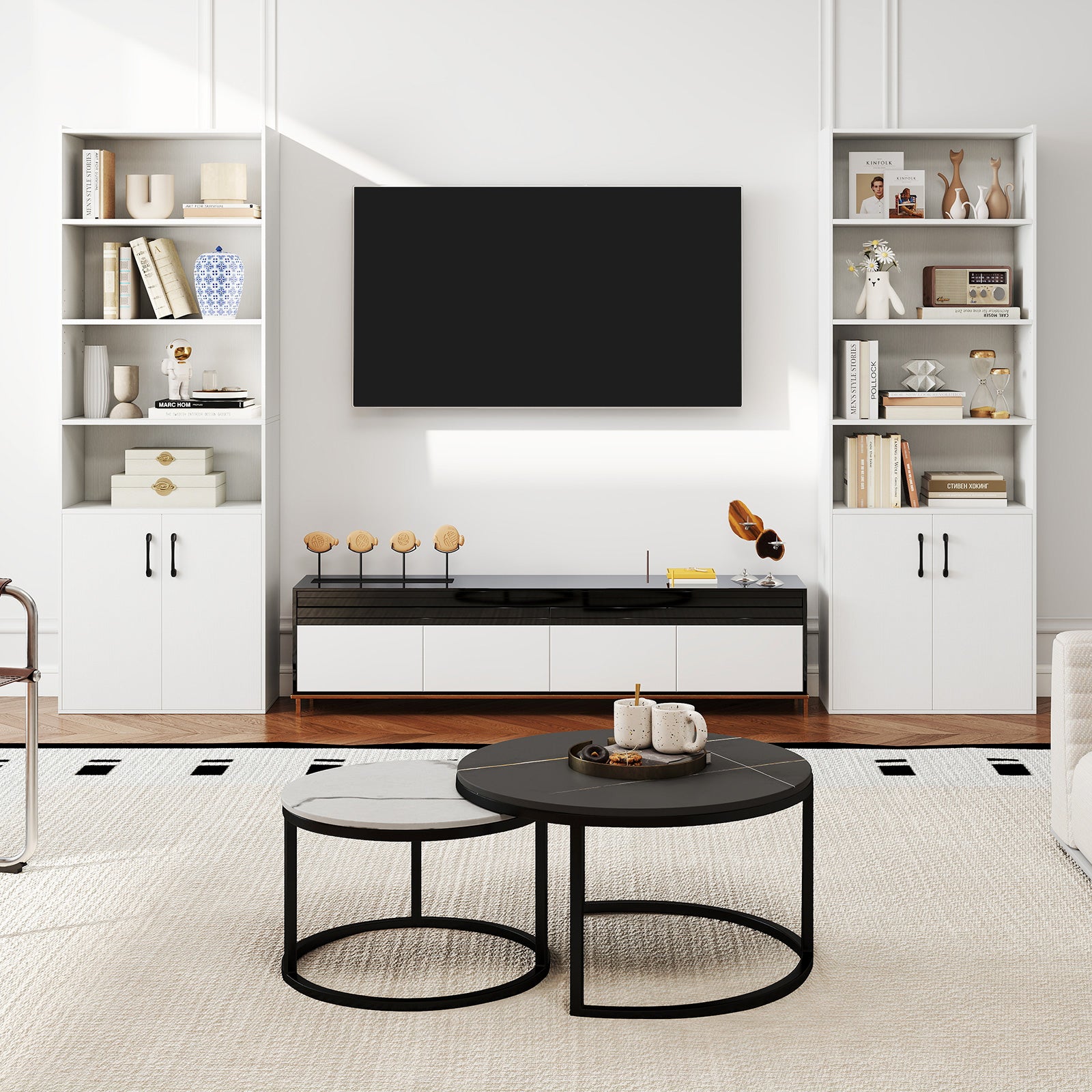 70 Inch Bookcase 6-Tier with Adjustable Shelves and 2-Door Cabinet, White Bookcases at Gallery Canada