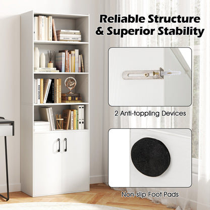 70 Inch Bookcase 6-Tier with Adjustable Shelves and 2-Door Cabinet, White Bookcases at Gallery Canada