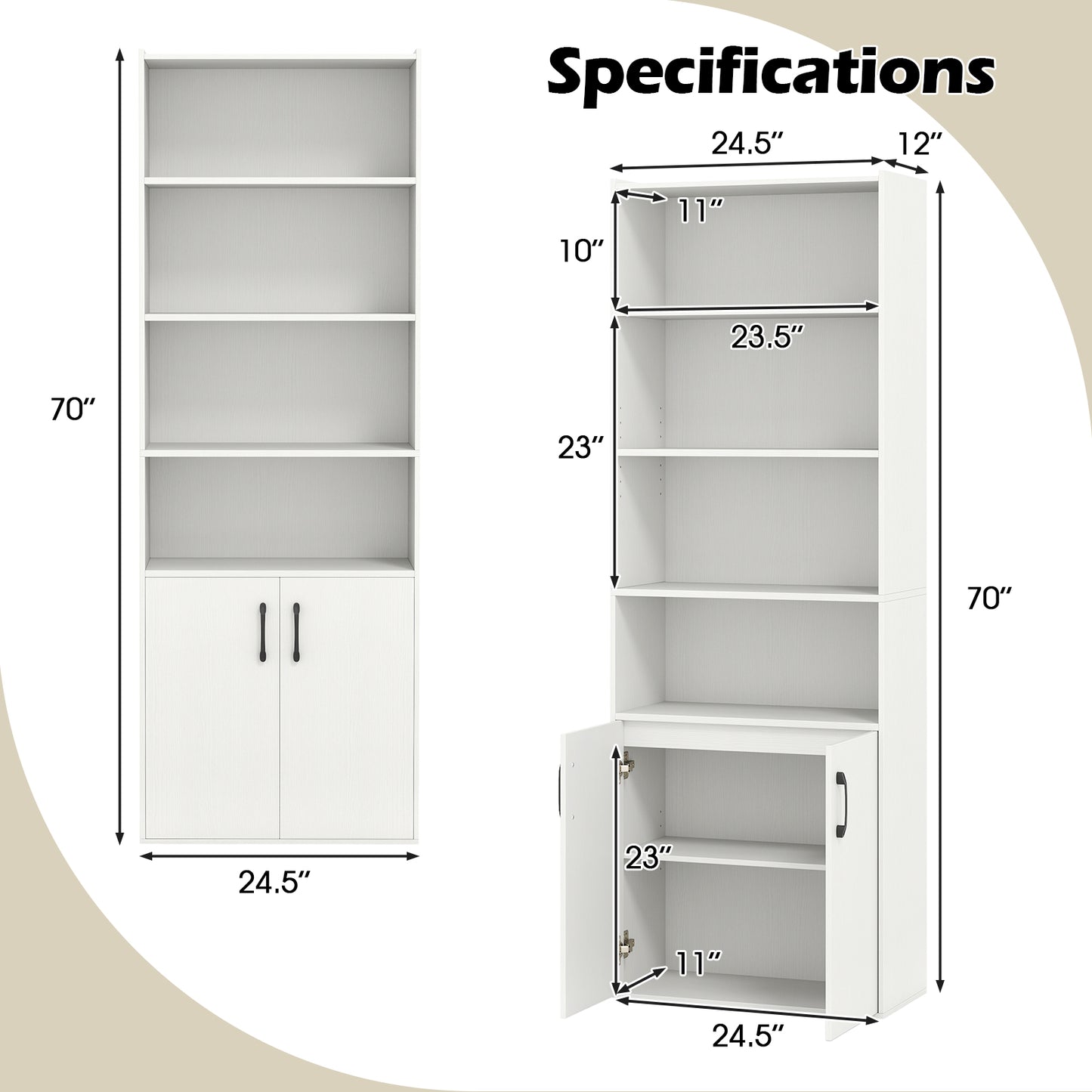 70 Inch Bookcase 6-Tier with Adjustable Shelves and 2-Door Cabinet, White Bookcases at Gallery Canada
