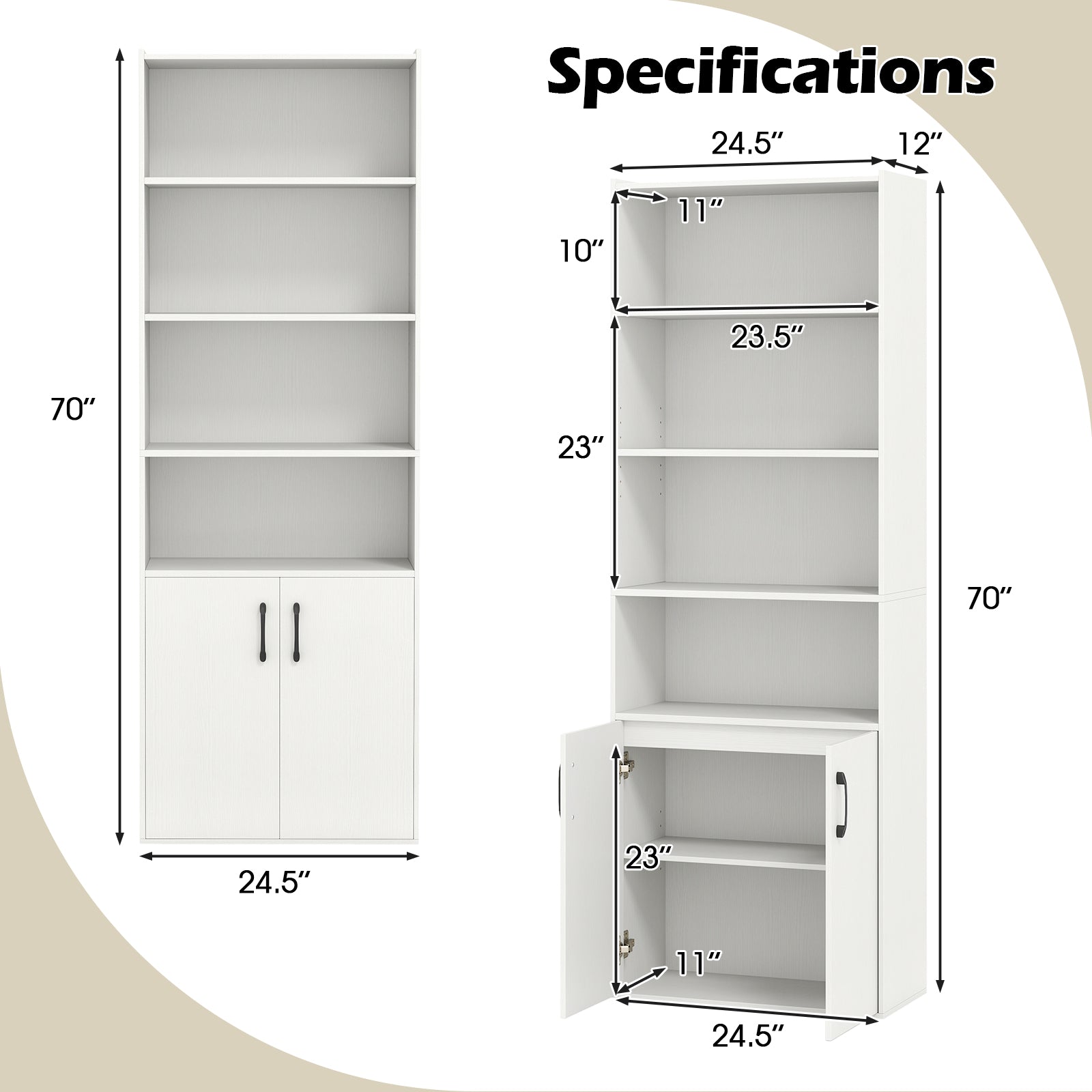 70 Inch Bookcase 6-Tier with Adjustable Shelves and 2-Door Cabinet, White Bookcases at Gallery Canada