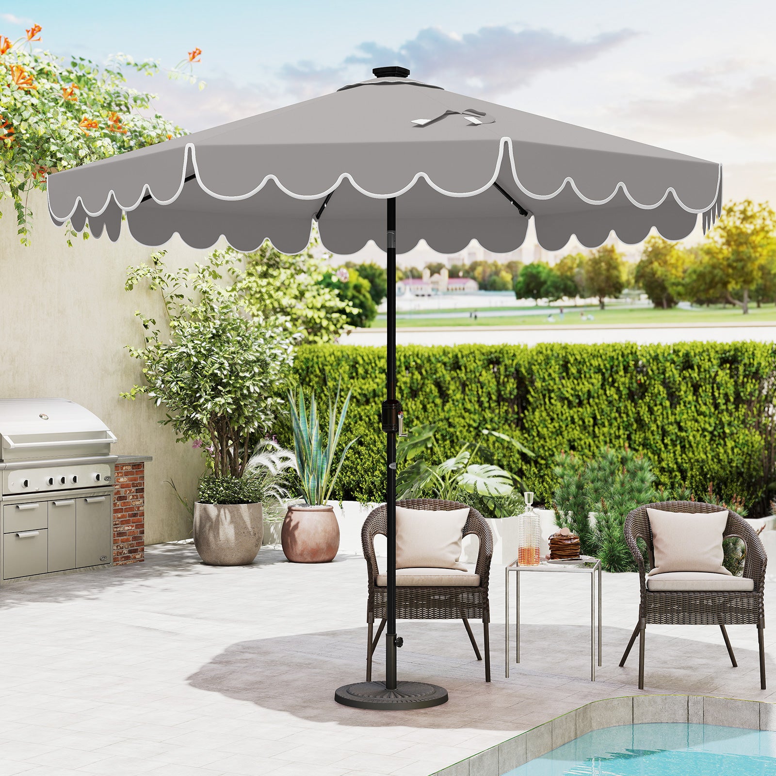 9.3 FT Solar Patio Umbrella with 24 LED Lights Vented Top and Ruffles, Gray Outdoor Umbrellas at Gallery Canada