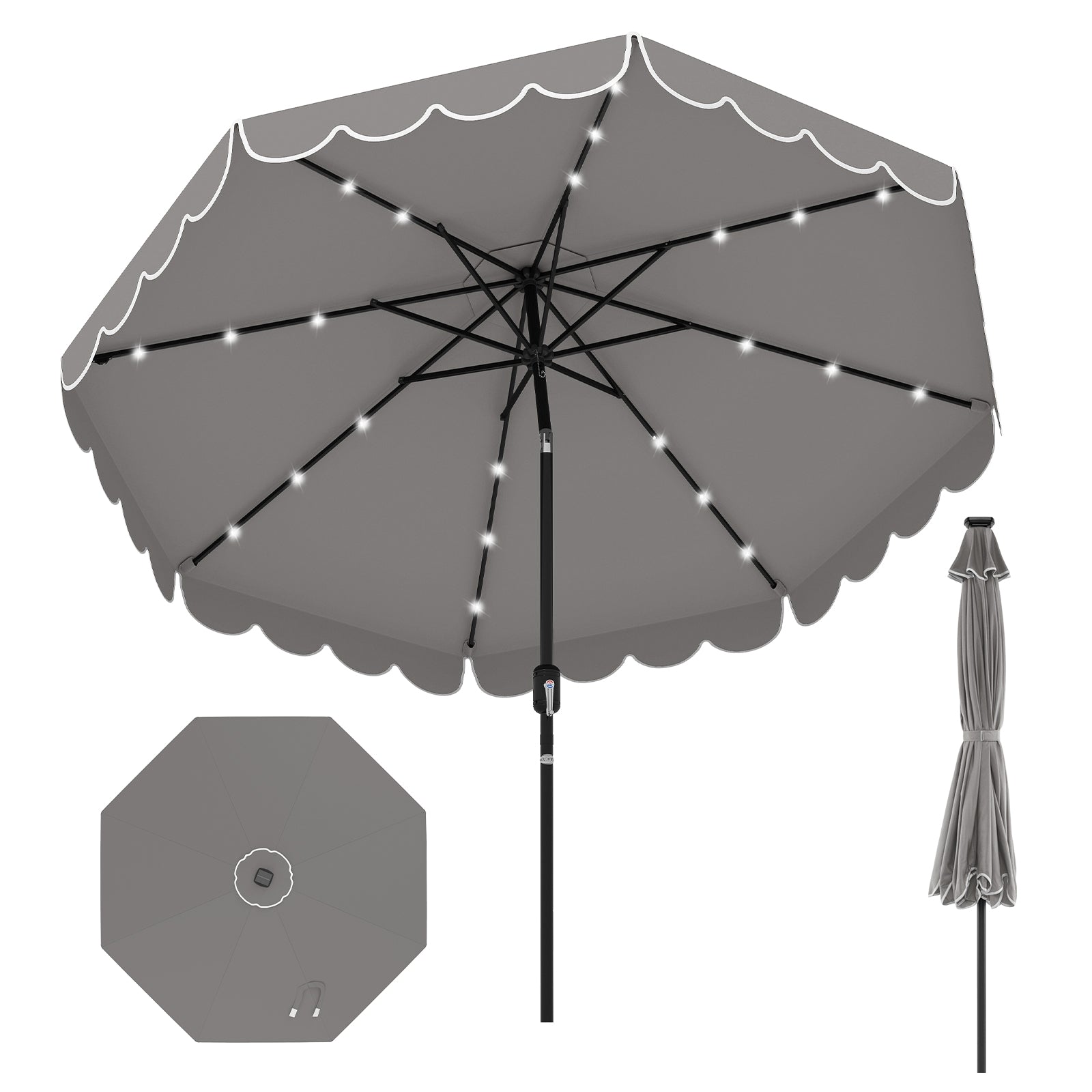 9.3 FT Solar Patio Umbrella with 24 LED Lights Vented Top and Ruffles, Gray Outdoor Umbrellas at Gallery Canada