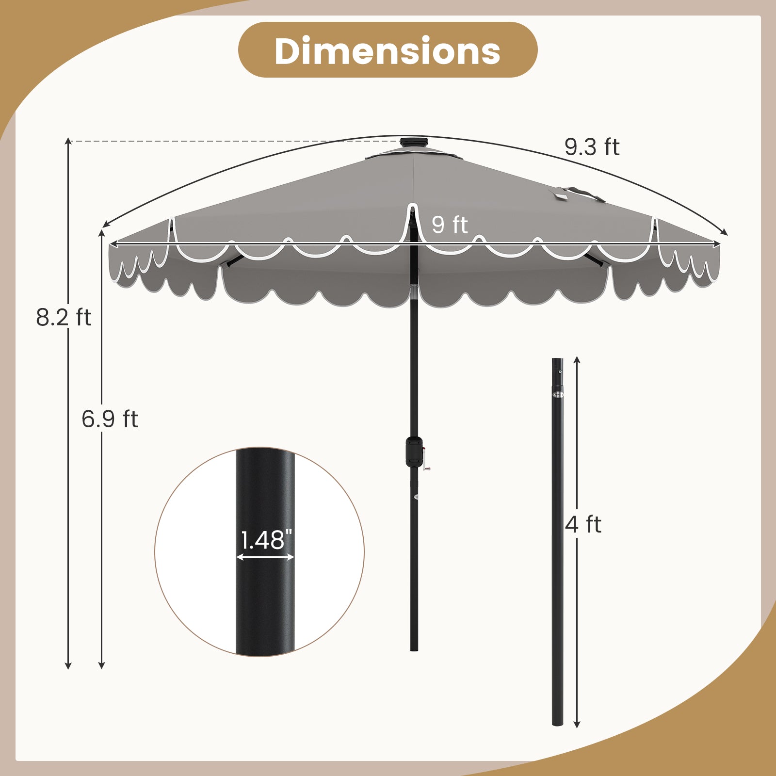 9.3 FT Solar Patio Umbrella with 24 LED Lights Vented Top and Ruffles, Gray Outdoor Umbrellas at Gallery Canada