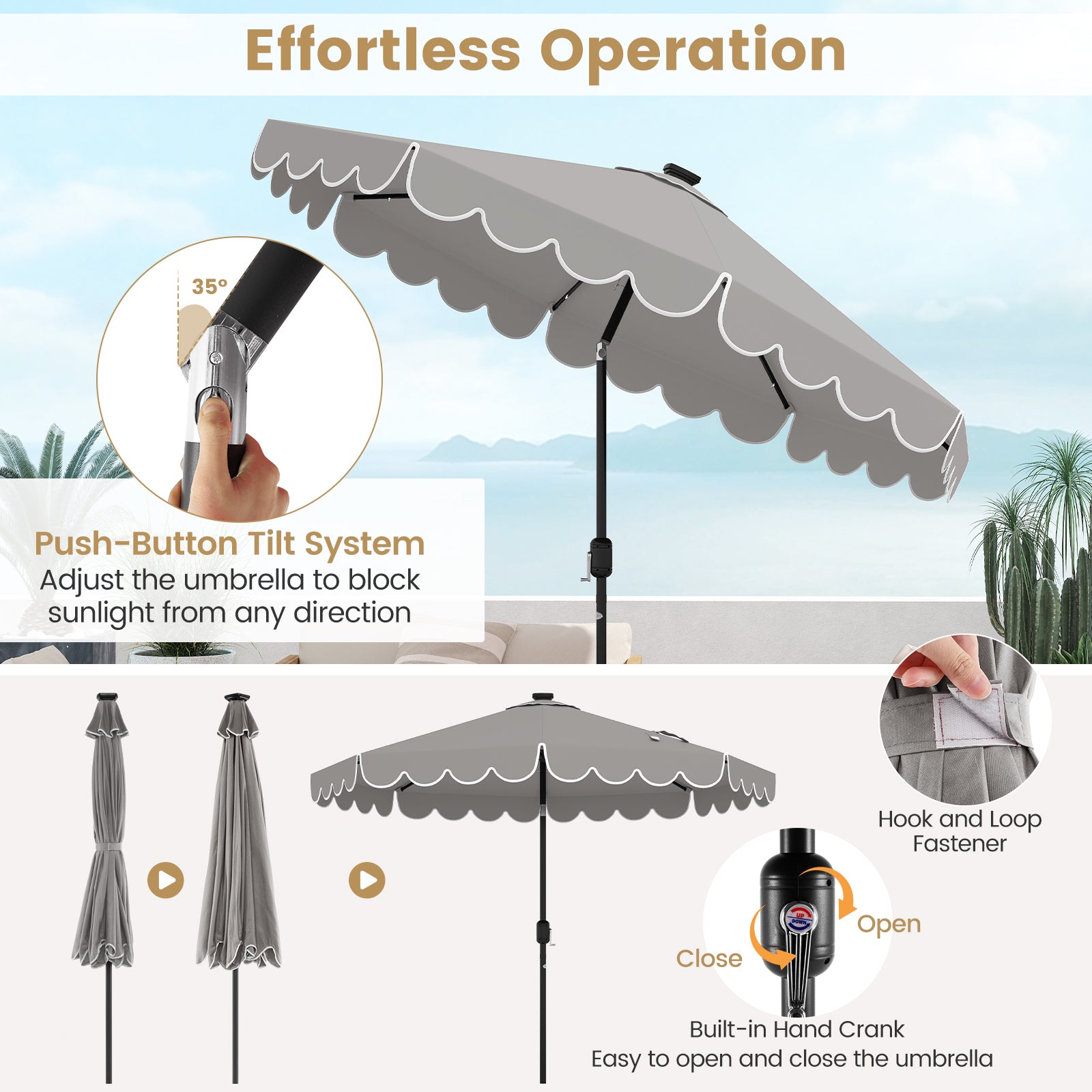 9.3 FT Solar Patio Umbrella with 24 LED Lights Vented Top and Ruffles, Gray Outdoor Umbrellas at Gallery Canada