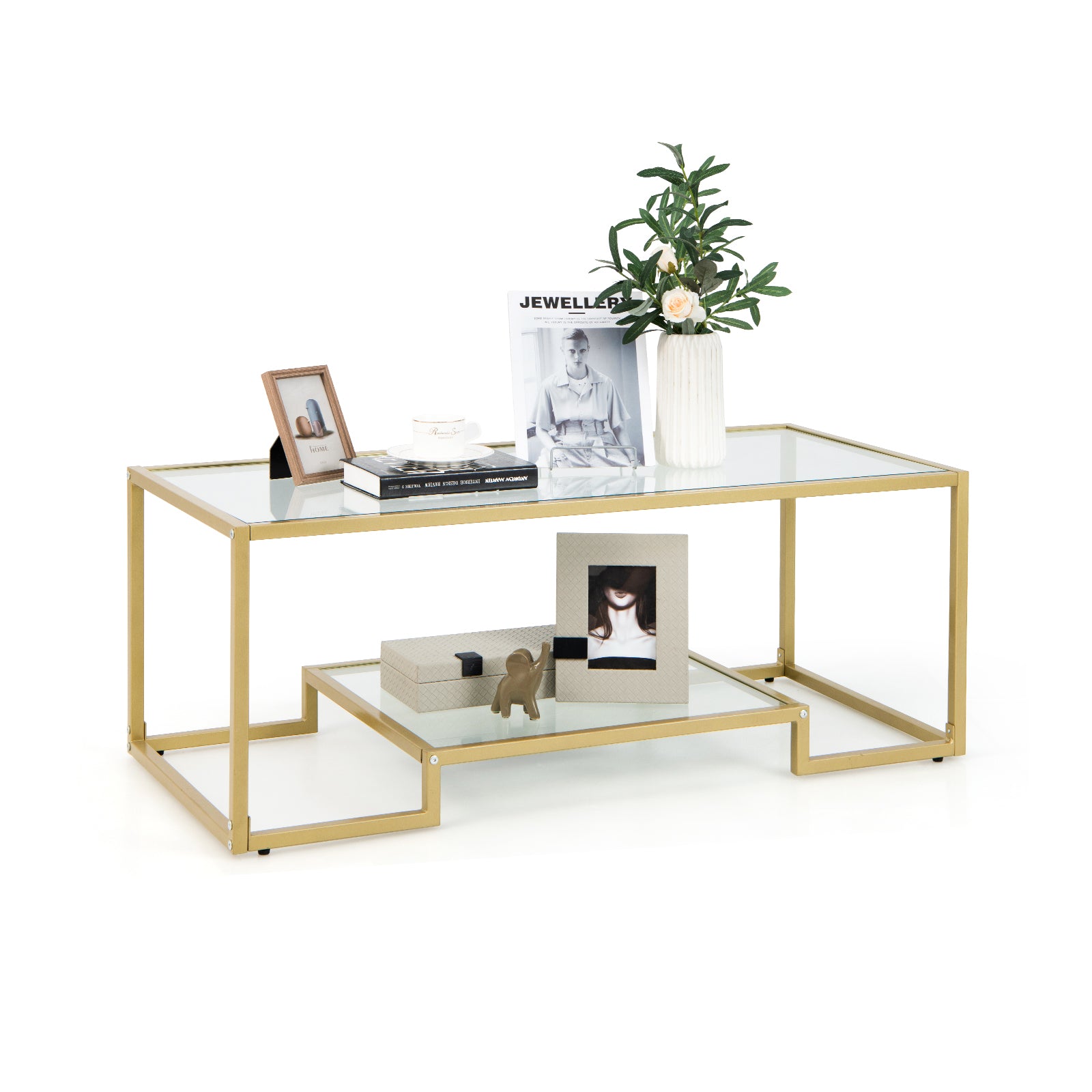 Modern 2-Tier Rectangular Coffee Table, Glass Top, Golden Coffee Tables Golden at Gallery Canada