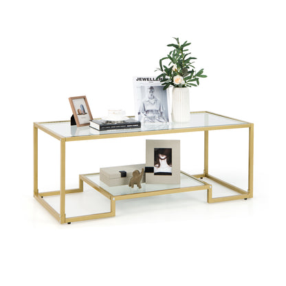 Modern 2-Tier Rectangular Coffee Table, Glass Top, Golden Coffee Tables Golden at Gallery Canada