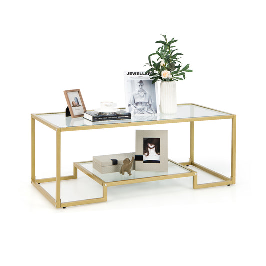 Modern 2-Tier Rectangular Coffee Table, Glass Top, Golden Coffee Tables Golden at Gallery Canada