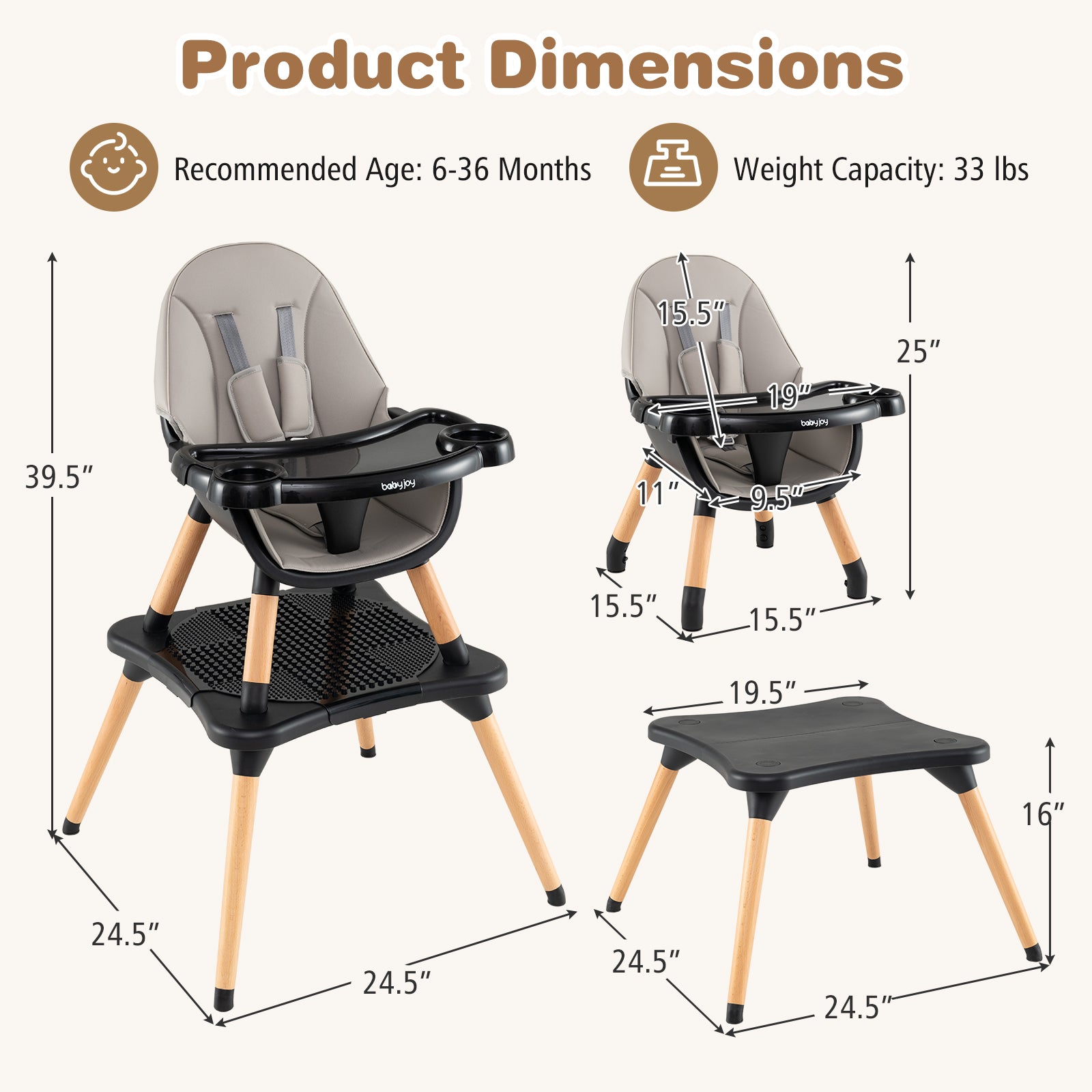 5-in-1 Baby Convertible Wooden High Chair with Detachable Tray, Black High Chairs at Gallery Canada