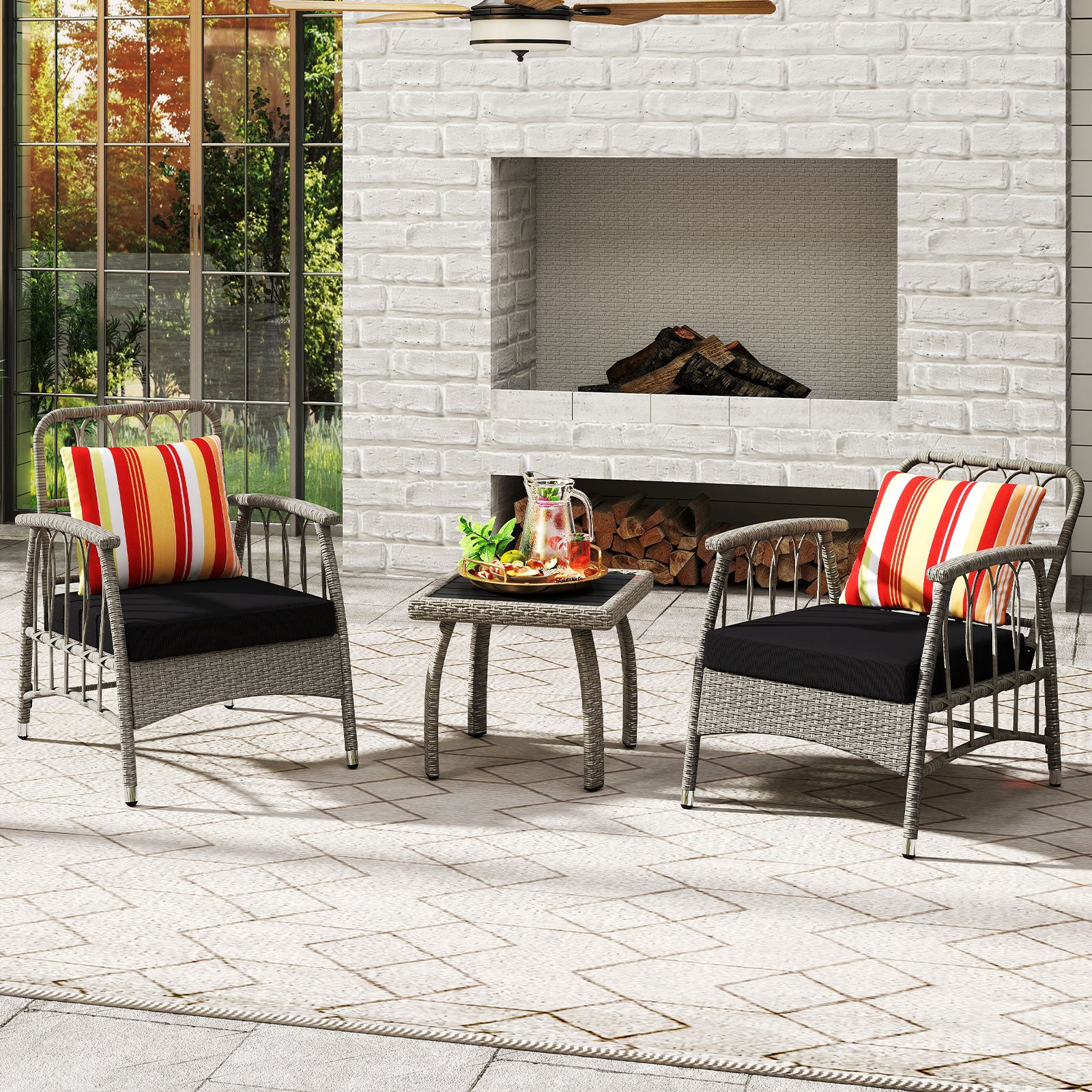 3 Pieces Patio PE Wicker Furniture Set with 5-Level Adjustable Backrest, Gray Patio Conversation Sets at Gallery Canada