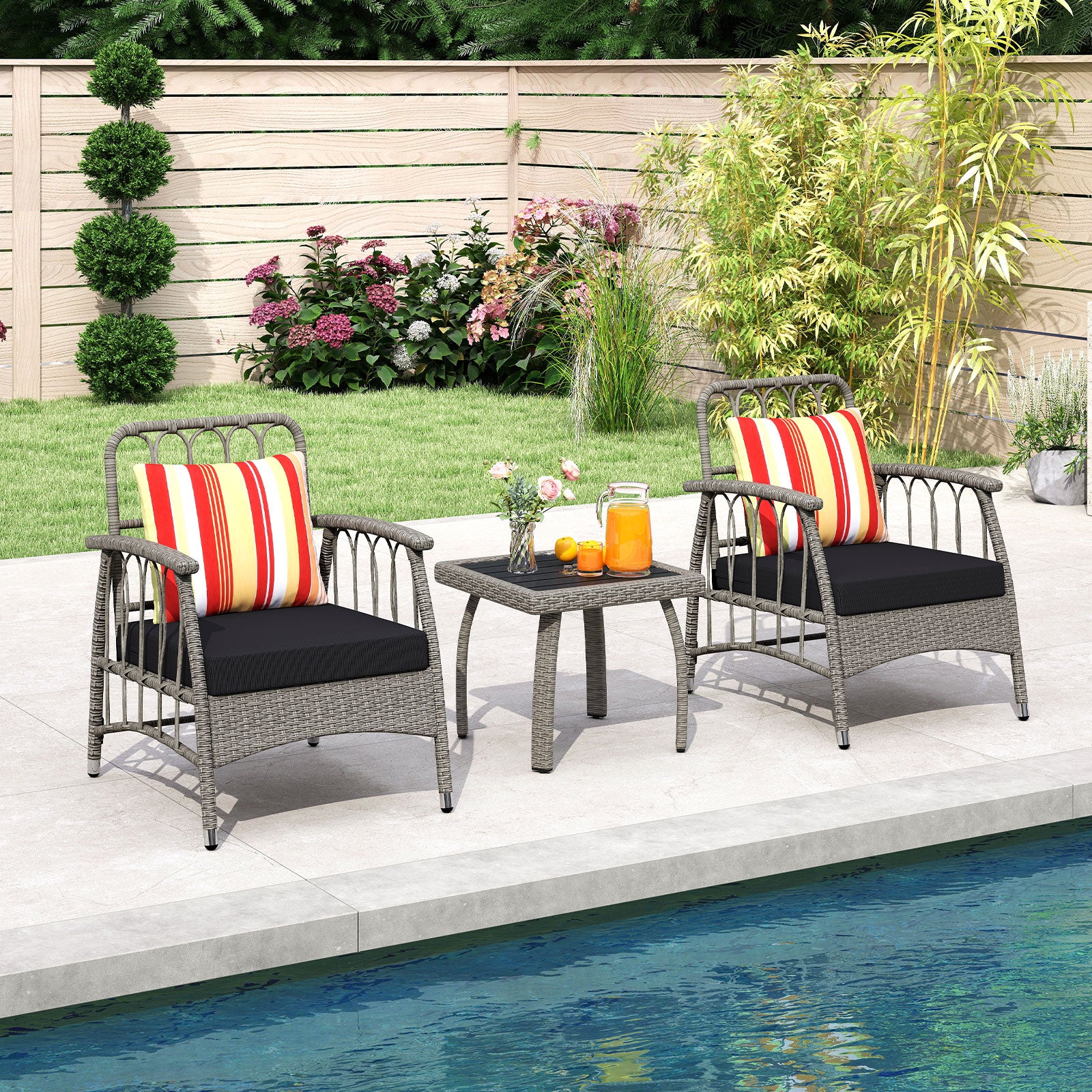 3 Pieces Patio PE Wicker Furniture Set with 5-Level Adjustable Backrest, Gray Patio Conversation Sets at Gallery Canada