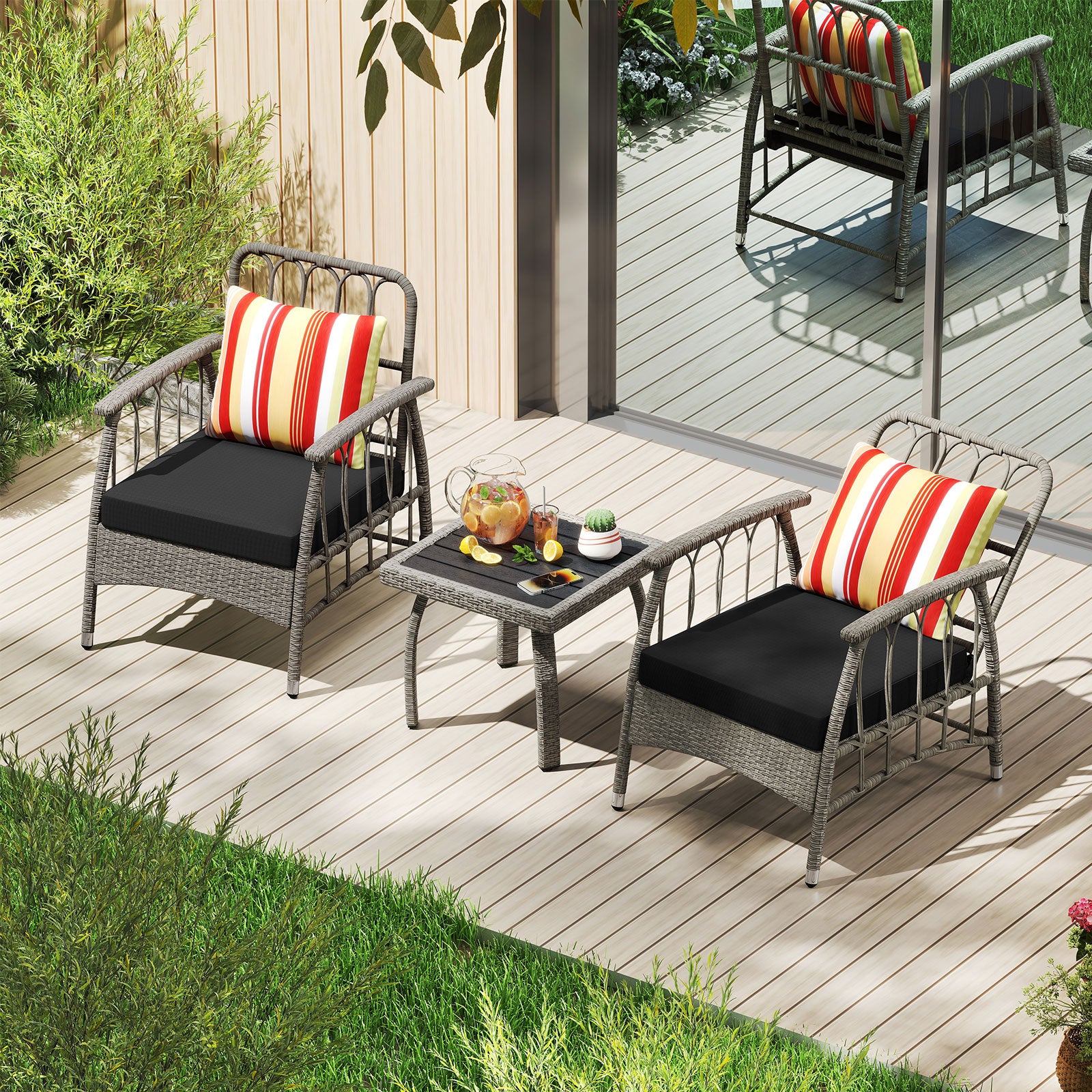 3 Pieces Patio PE Wicker Furniture Set with 5-Level Adjustable Backrest, Gray Patio Conversation Sets at Gallery Canada