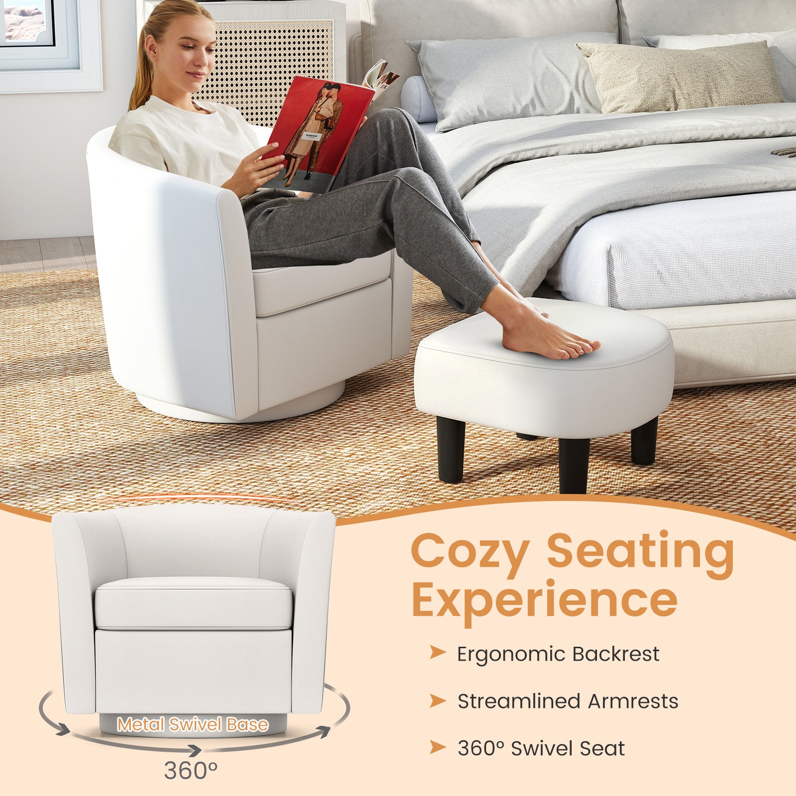 Modern Club Swivel Accent Chair with Ottoman Footrest Curved Backrest, Cream White Accent Chairs at Gallery Canada