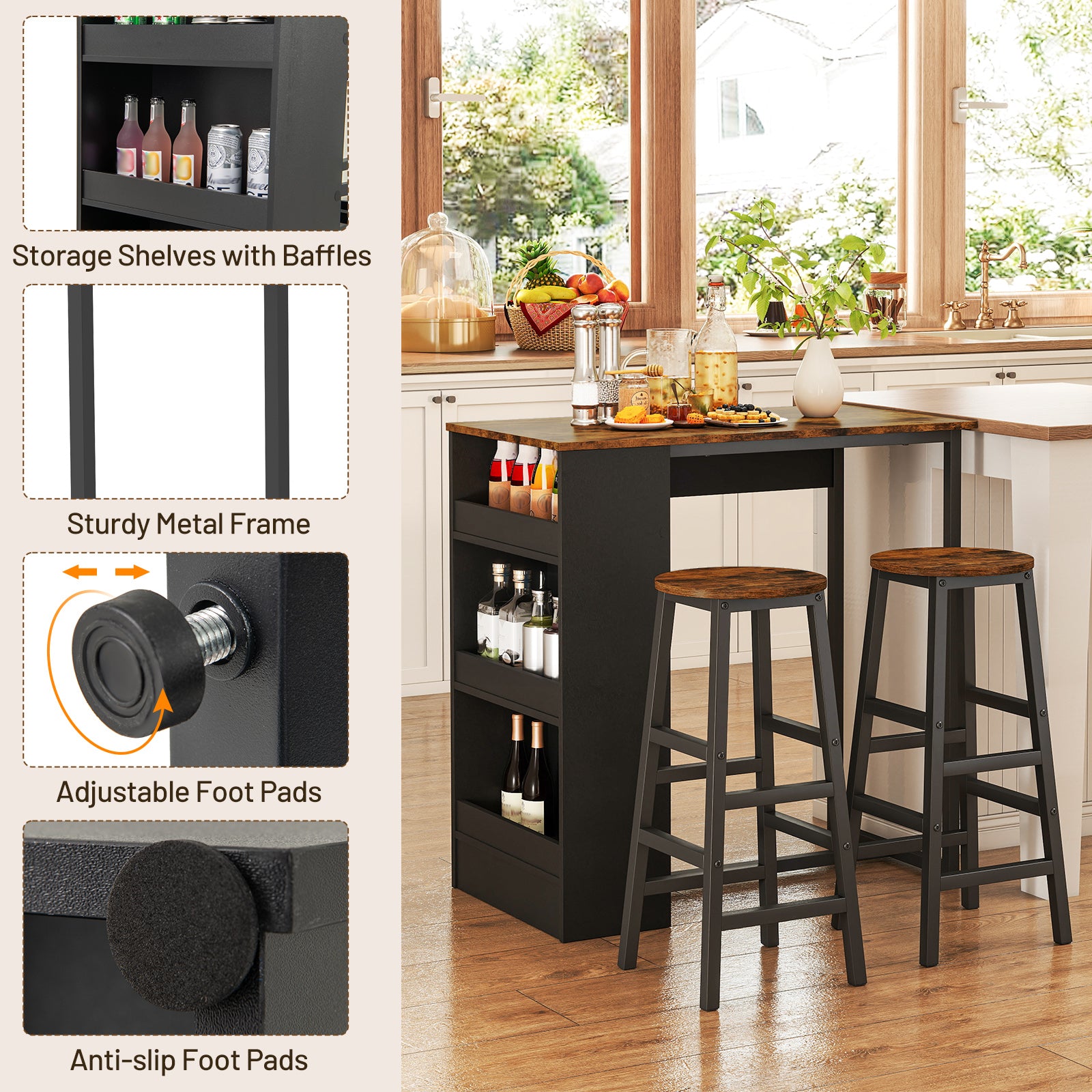 3 Pieces Bar Table Set with Storage, Brown Dining Room Sets at Gallery Canada