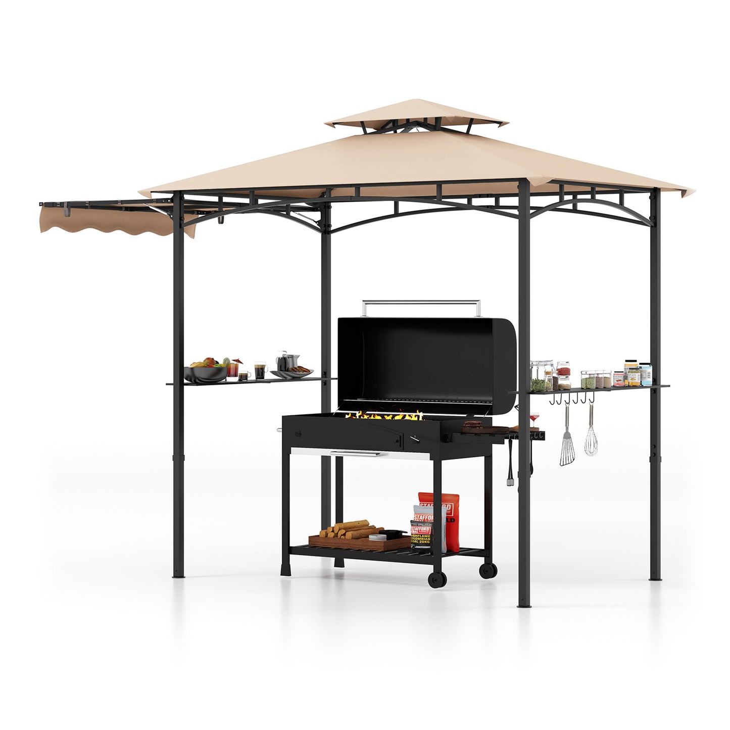 11 x 5 FT Grill Gazebo with Side Awning and Double-Tiered Top, Beige Gazebos at Gallery Canada