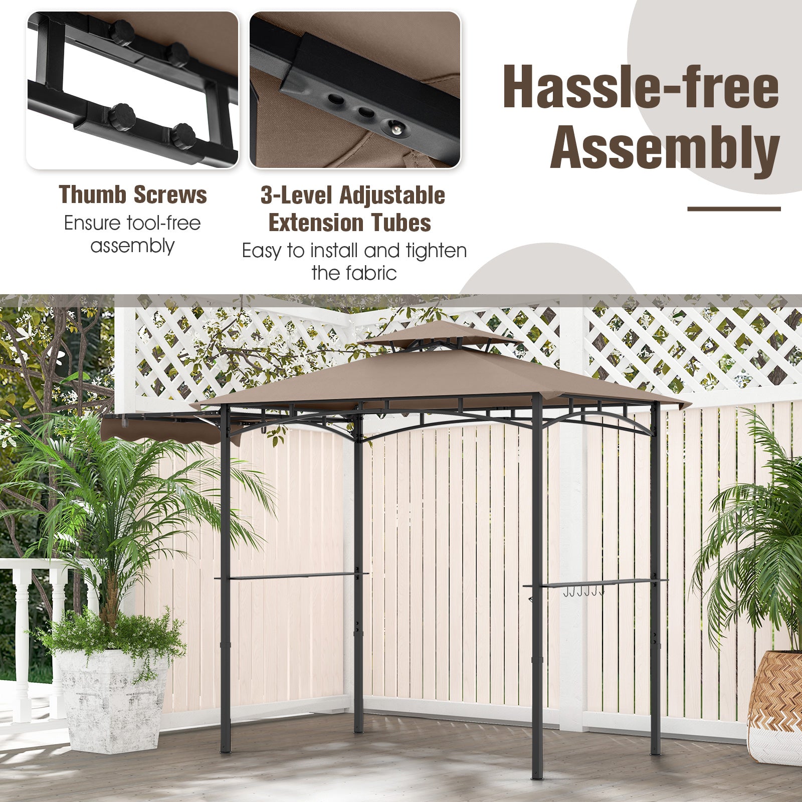 11 x 5 FT Grill Gazebo with Side Awning and Double-Tiered Top, Brown Gazebos at Gallery Canada