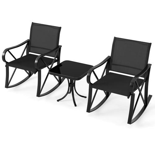 3 Piece Patio Rocking Set with Smooth Rocking Motion Outdoor Rocker Chair Bistro Set, Black