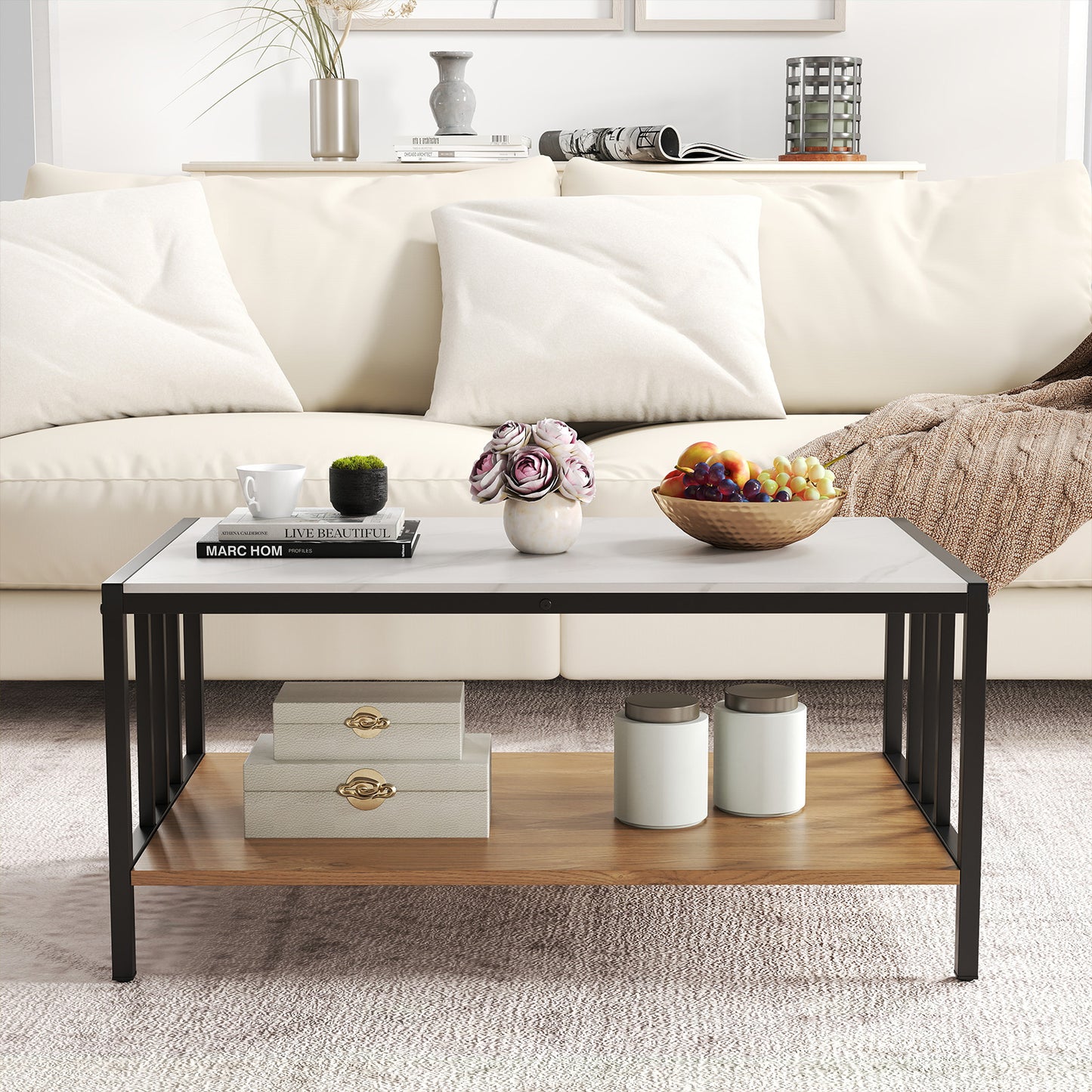 2 Tier Coffee Table with Sintered Stone Tabletop, White Coffee Tables at Gallery Canada
