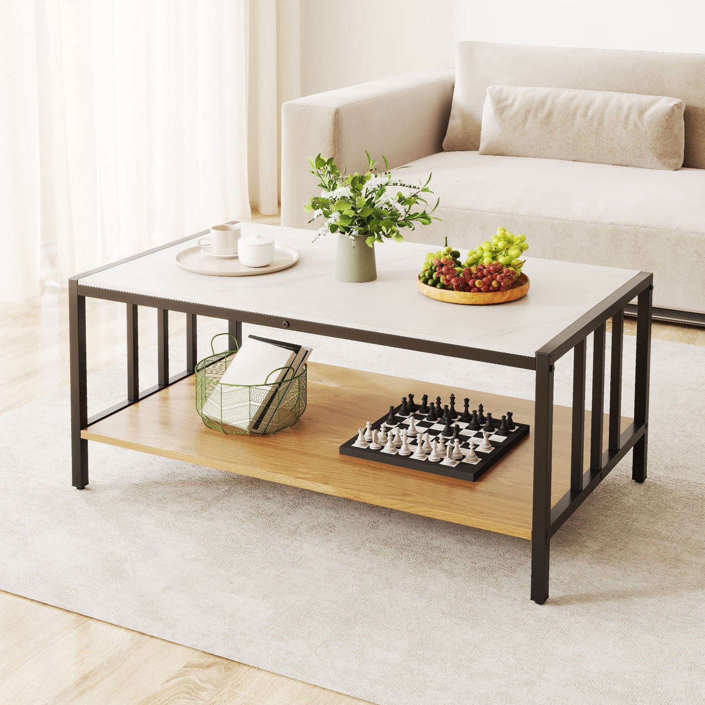 2 Tier Coffee Table with Sintered Stone Tabletop, White Coffee Tables at Gallery Canada