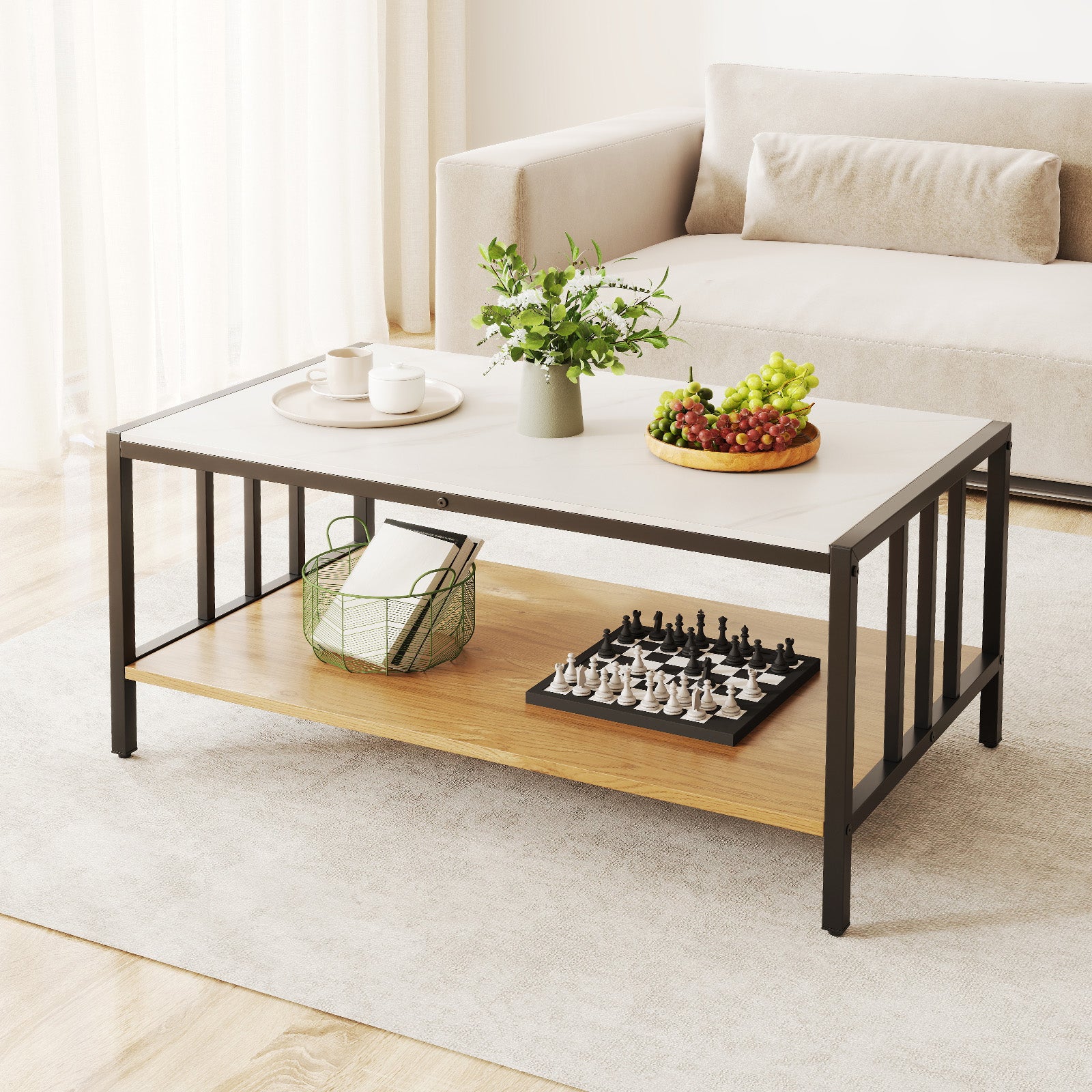 2 Tier Coffee Table with Sintered Stone Tabletop, White Coffee Tables at Gallery Canada