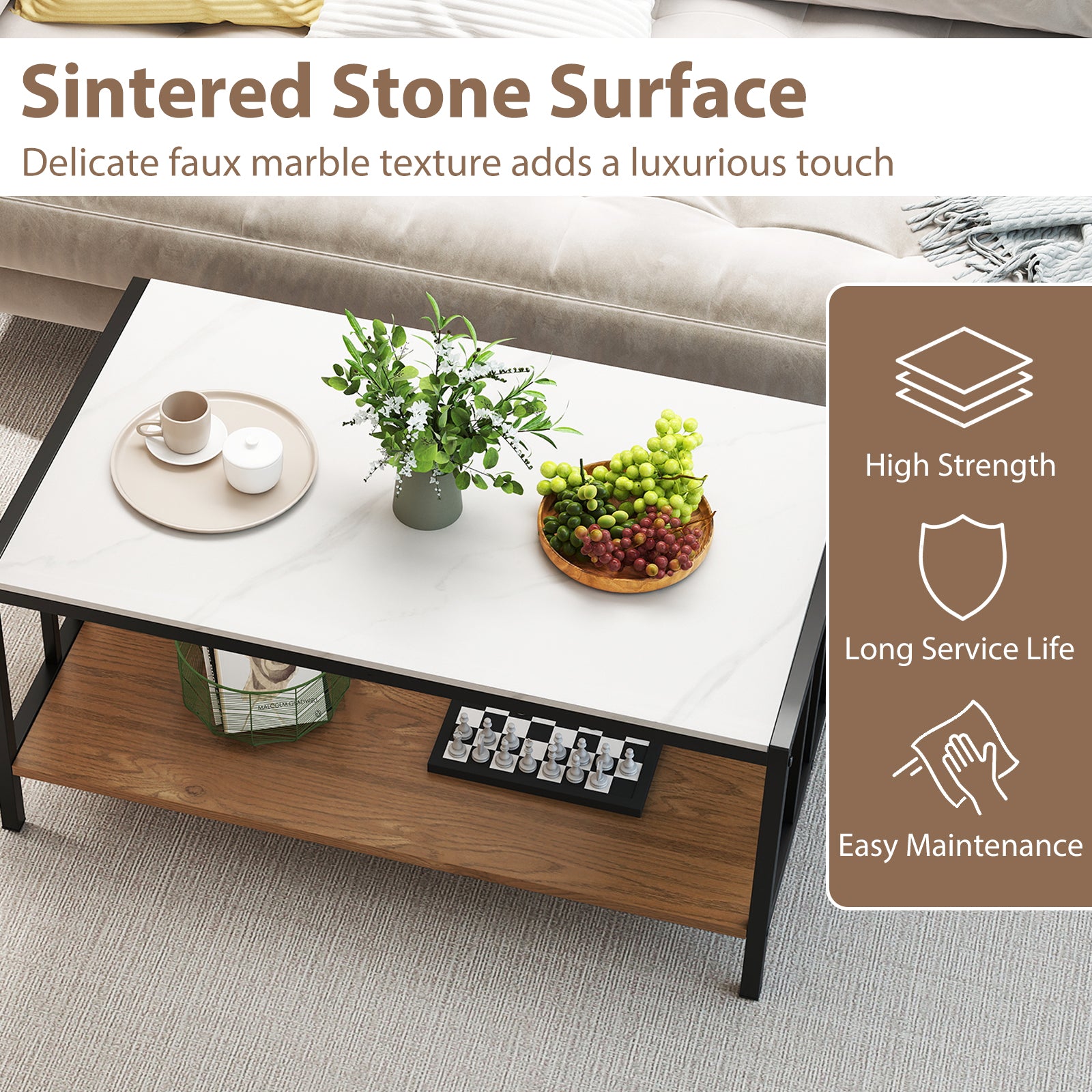 2 Tier Coffee Table with Sintered Stone Tabletop, White Coffee Tables at Gallery Canada