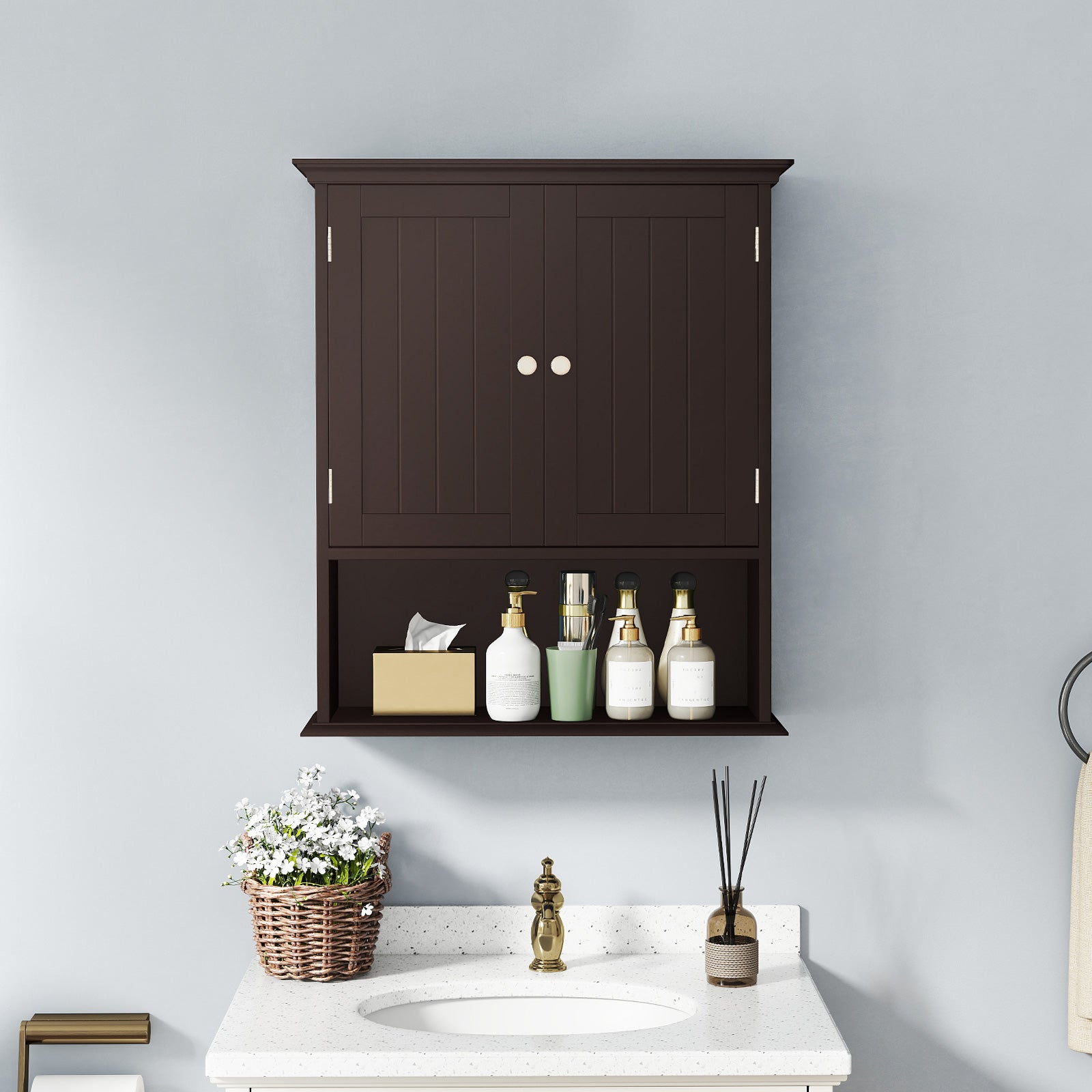 Wall Mount Bathroom Cabinet Storage Organizer with Doors and Shelves, Brown Wall Cabinets at Gallery Canada