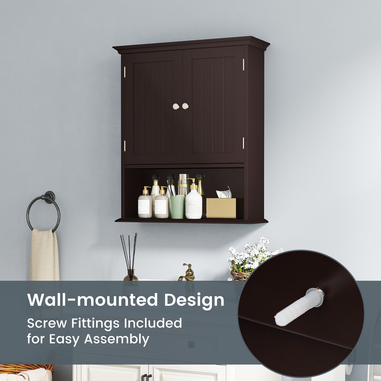 Wall Mount Bathroom Cabinet Storage Organizer with Doors and Shelves, Brown Wall Cabinets at Gallery Canada