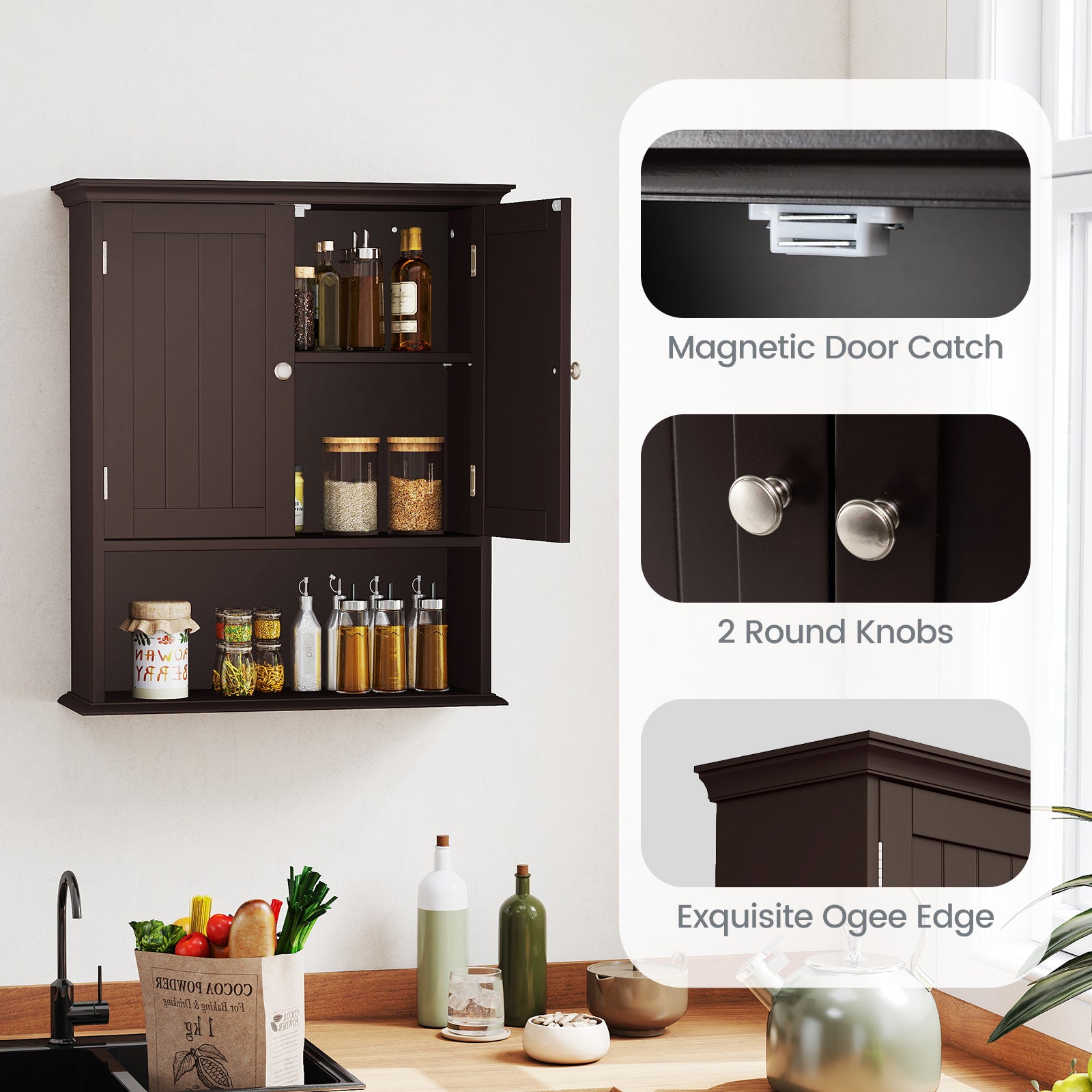 Wall Mount Bathroom Cabinet Storage Organizer with Doors and Shelves, Brown Wall Cabinets at Gallery Canada