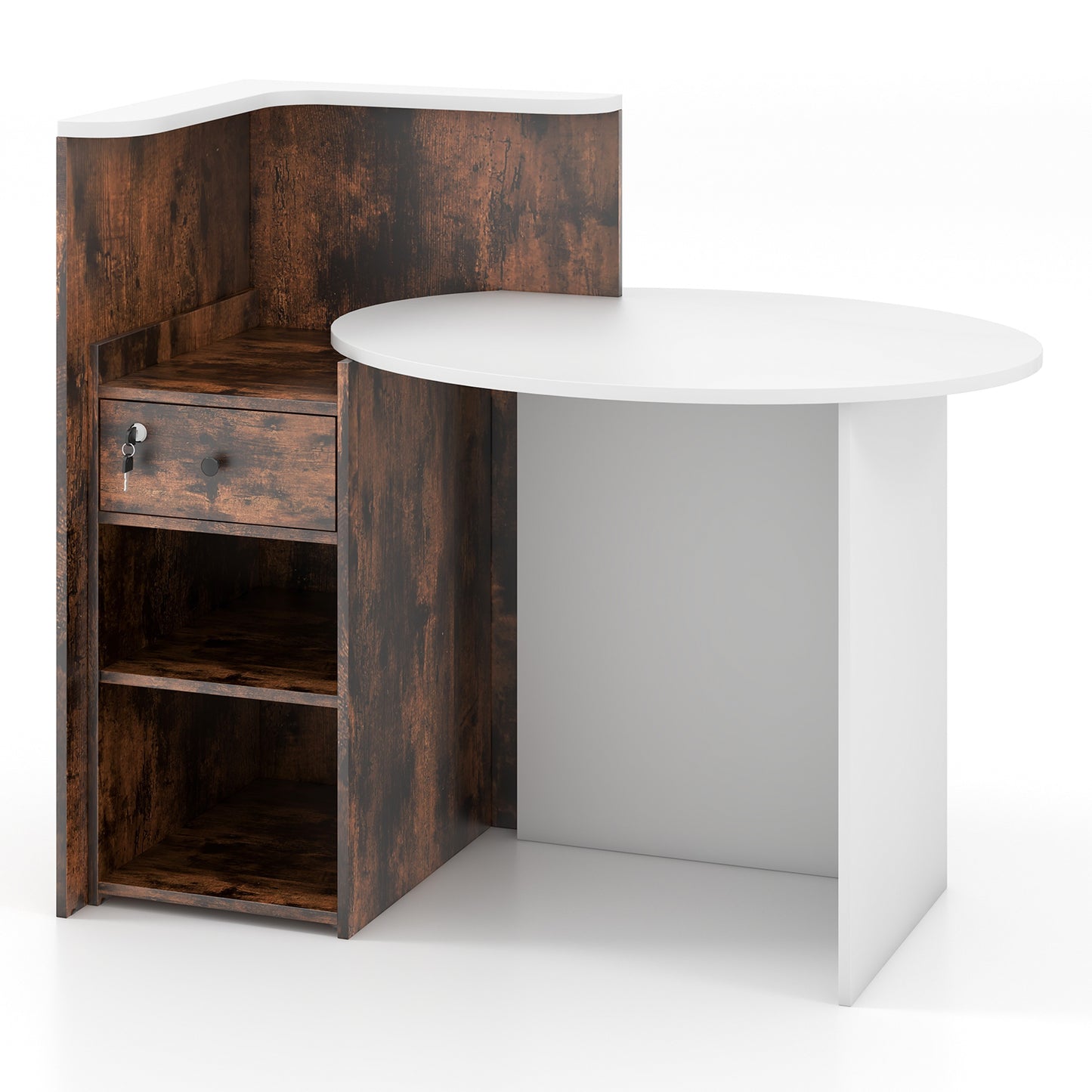 Front Reception Office Desk, Open Shelf, Lockable Drawer, Rustic Brown Corner Desks Rustic Brown at Gallery Canada
