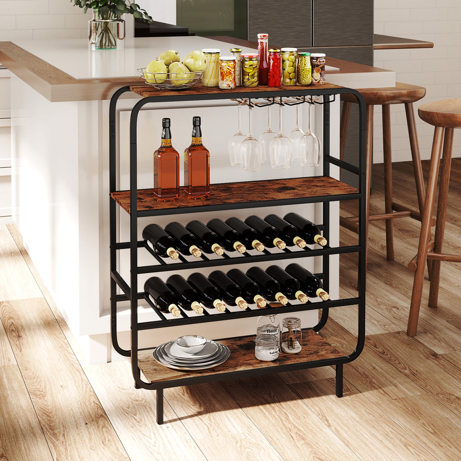 16 Bottle Wine Rack with 5-Tier Wine Shelf and Glass Holders for Kitchen Bar, Rustic Brown Wine Racks at Gallery Canada