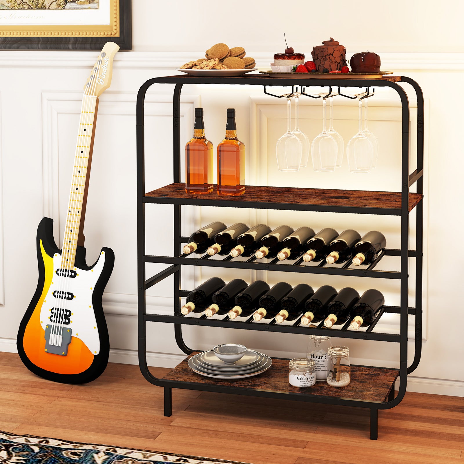 16 Bottle Wine Rack with 5-Tier Wine Shelf and Glass Holders for Kitchen Bar, Rustic Brown Wine Racks at Gallery Canada