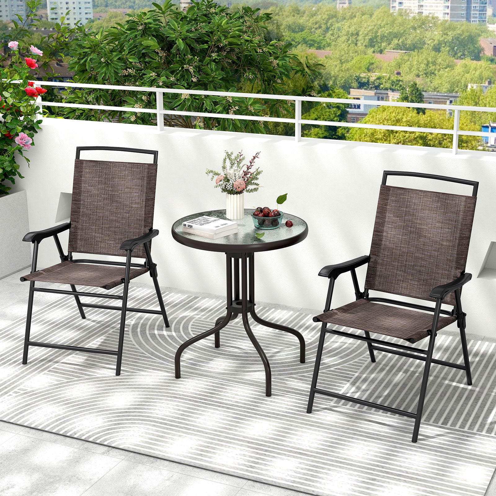 3 Pieces Patio Round Table and Folding Chairs Set with Rippled Tempered Glass Tabletop, Brown Patio Conversation Sets at Gallery Canada