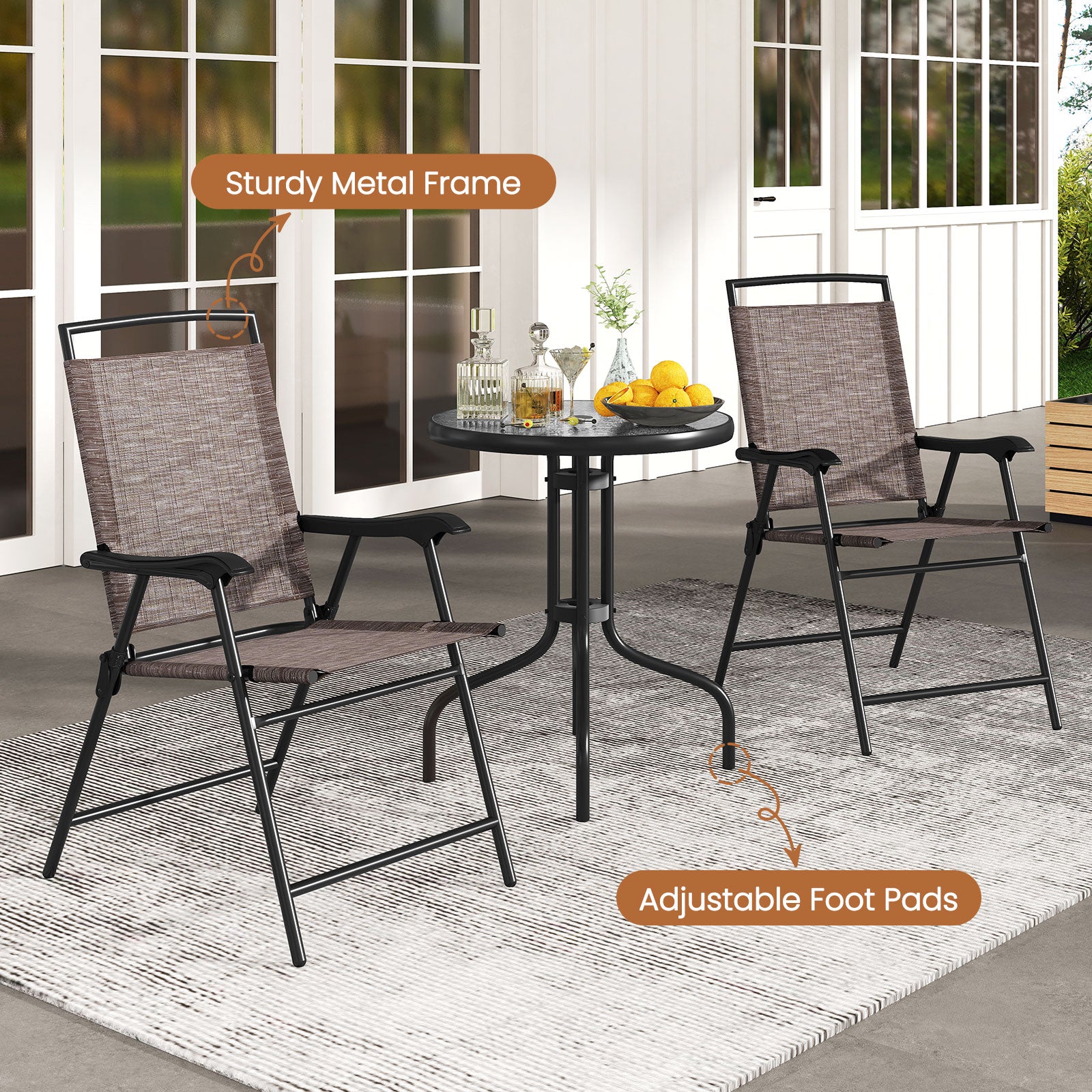 3 Pieces Patio Round Table and Folding Chairs Set with Rippled Tempered Glass Tabletop, Brown Patio Conversation Sets at Gallery Canada