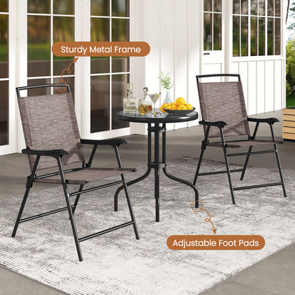 3 Pieces Patio Round Table and Folding Chairs Set with Rippled Tempered Glass Tabletop, Brown Patio Conversation Sets at Gallery Canada
