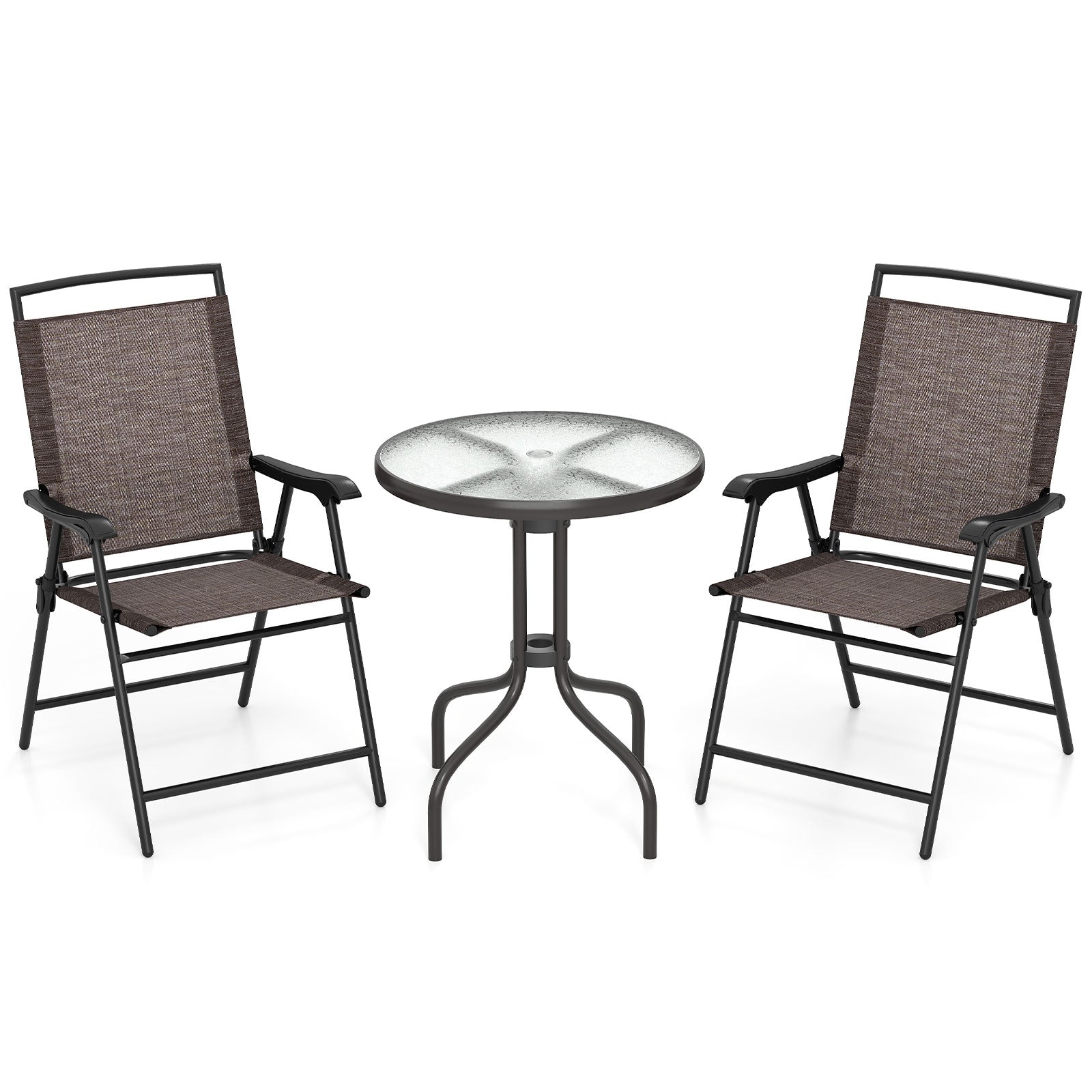 3 Pieces Patio Round Table and Folding Chairs Set with Rippled Tempered Glass Tabletop, Brown Patio Conversation Sets at Gallery Canada