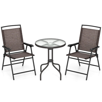 3 Pieces Patio Round Table and Folding Chairs Set with Rippled Tempered Glass Tabletop, Brown Patio Conversation Sets Brown at Gallery Canada
